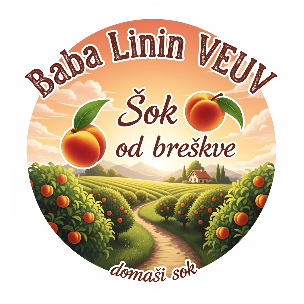 AI Design for a comforting logo image of logo dilling the paperthat we can put on bottles logo on a white backgorund that says Baba Linin VEUV and then down says Sok od breskve with images of peaches and has a peachy gradient with feilds of peaches a comforting domaci sok written in serbian the c is ć it should be warm and delightfull