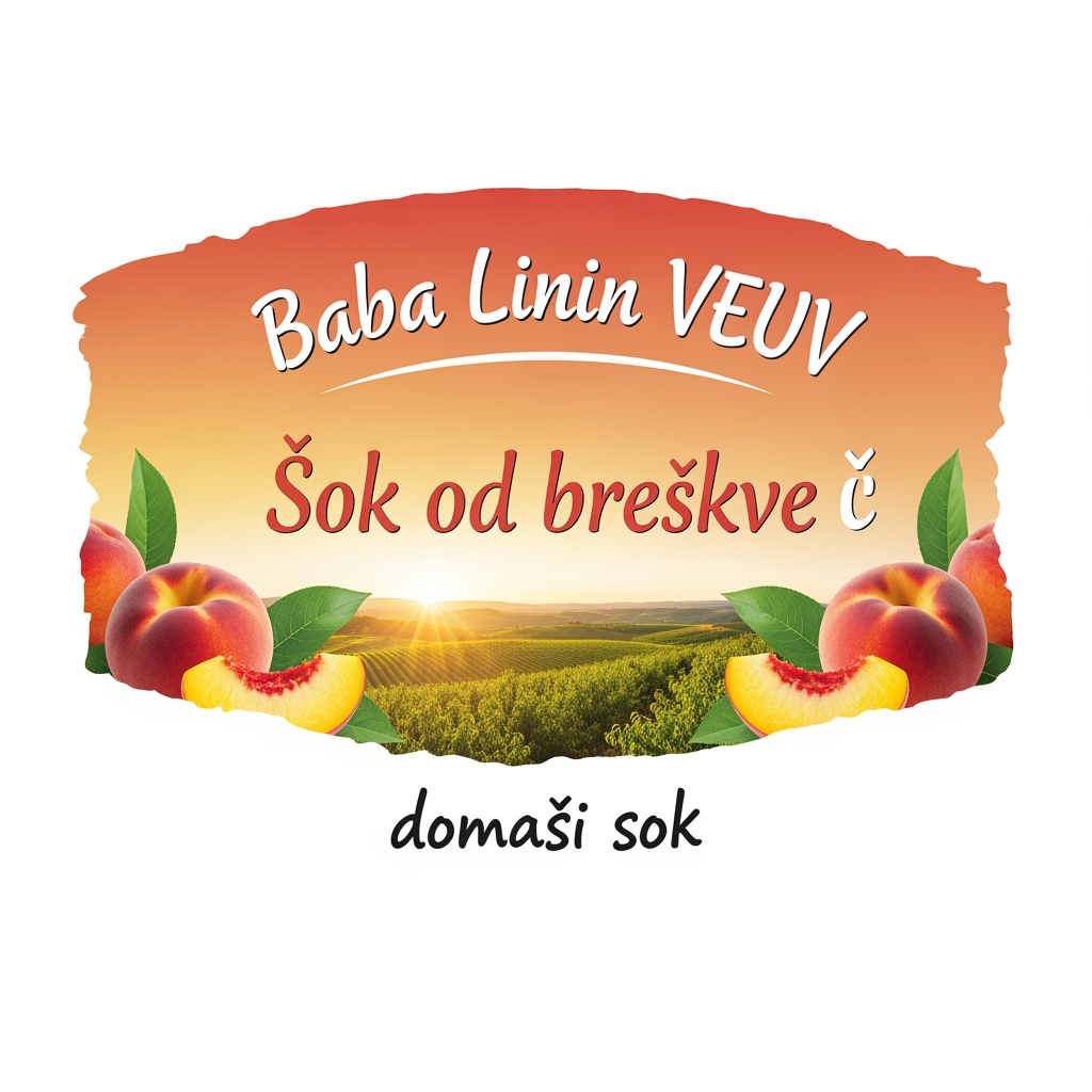 AI Design for a comforting logo image of logo dilling the paperthat we can put on bottles logo on a white backgorund that says Baba Linin VEUV and then down says Sok od breskve with images of peaches and has a peachy gradient with feilds of peaches a comforting domaci sok written in serbian the c is ć it should be warm and delightfull