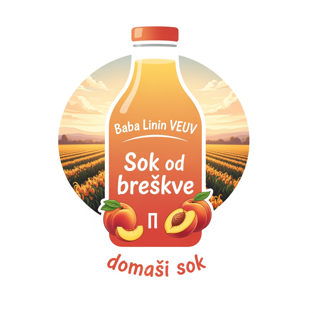 AI Design for a comforting curved bottle logo on a white backgorund that says Baba Linin VEUV and then down says Sok od breskve with images of peaches and has a peachy gradient with feilds of peaches a comforting domaci sok written in serbian the c is ć it should be warm and delightfull