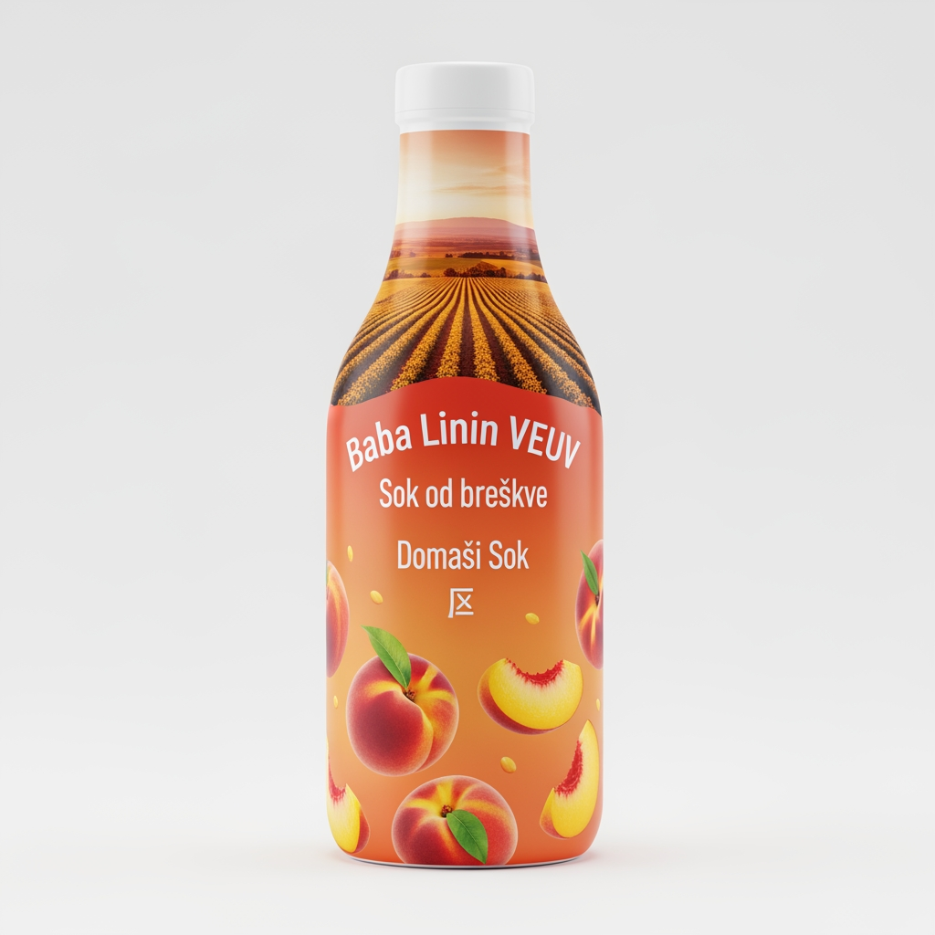 AI Design for a comforting curved bottle logo on a white backgorund that says Baba Linin VEUV and then down says Sok od breskve with images of peaches and has a peachy gradient with feilds of peaches a comforting domaci sok written in serbian the c is ć it should be warm and delightfull