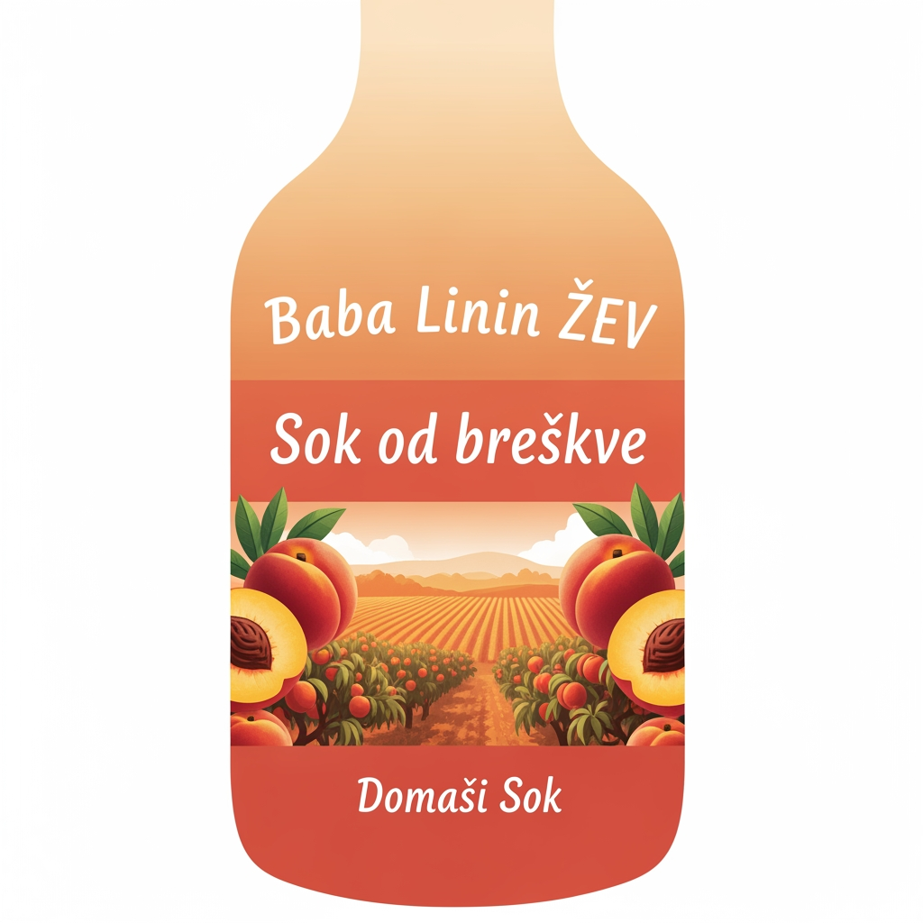 AI Design for a comforting logo image of logo dilling the paperthat we can put on bottles logo on a white backgorund that says Baba Linin VEUV and then down says Sok od breskve with images of peaches and has a peachy gradient with feilds of peaches a comforting domaci sok written in serbian the c is ć it should be warm and delightfull
