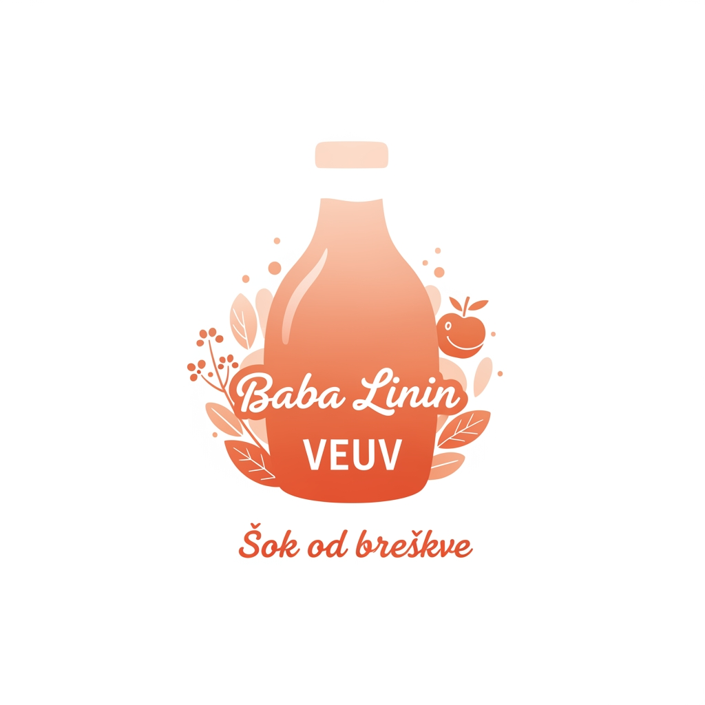 AI Design for a comforting curved bottle logo on a white backgorund that says Baba Linin VEUV and then down says Sok od breskve with images of peaches and has a peachy gradient with feilds of peaches a comforting domaci sok written in serbian the c is ć it should be warm and delightfull