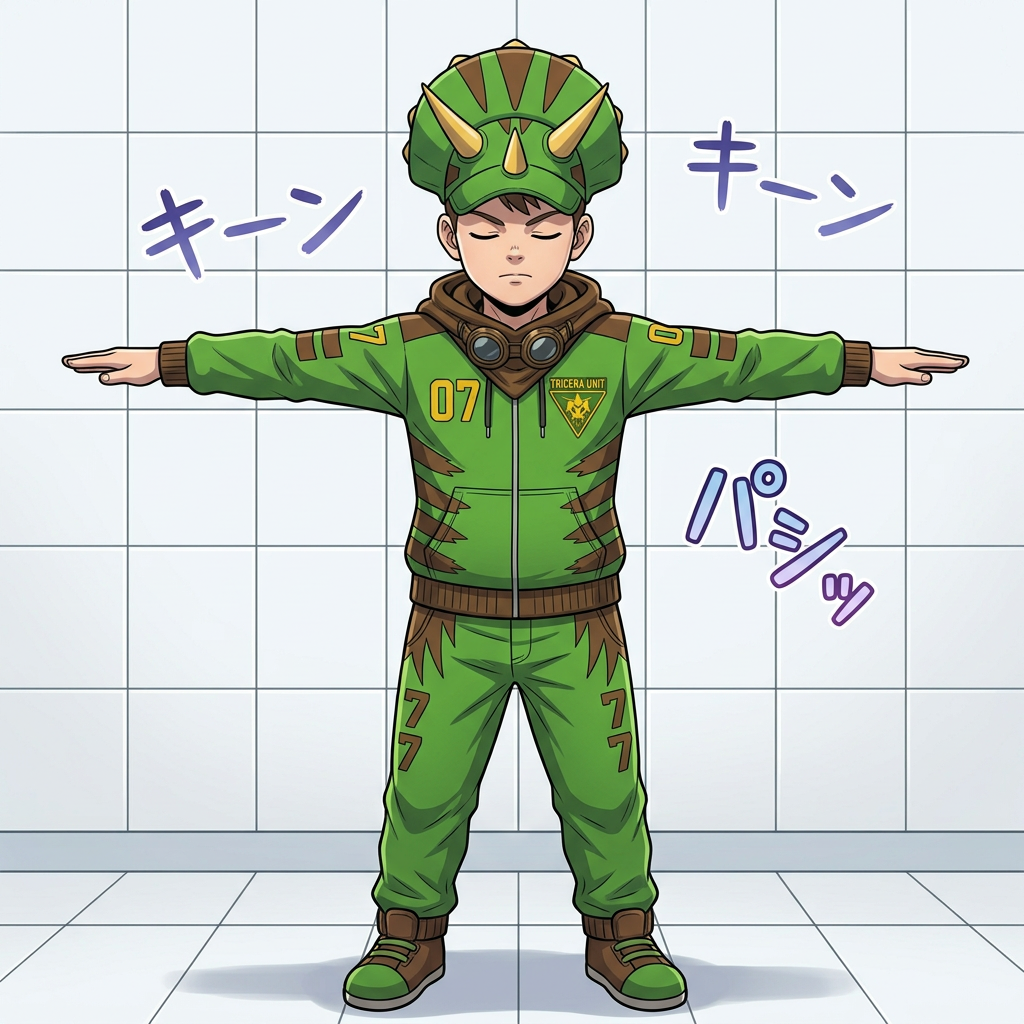 AI Design for do only an image of the boy with excact details in a t pose and a simpler yet cooler anime art style
