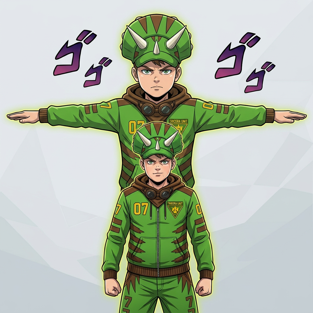 AI Design for do only an image of the boy with excact details in a t pose and a simpler yet cooler anime art style