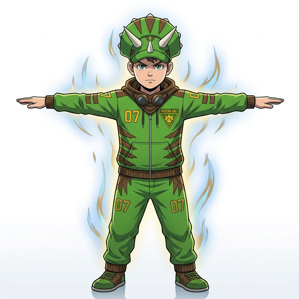 AI Design for do only an image of the boy with excact details in a t pose and a simpler yet cooler anime art style
