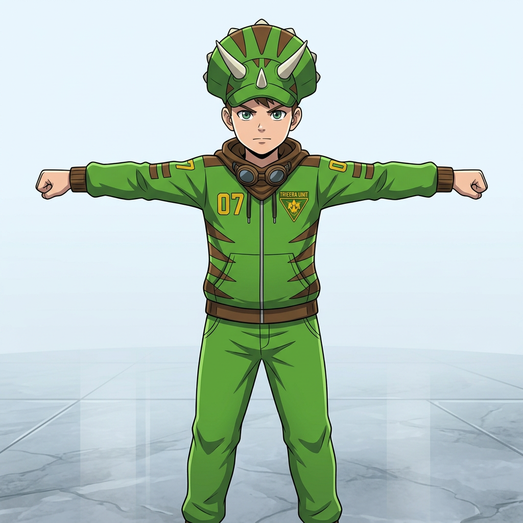 AI Design for do only an image of the boy with excact details in a t pose and a simpler yet cooler anime art style