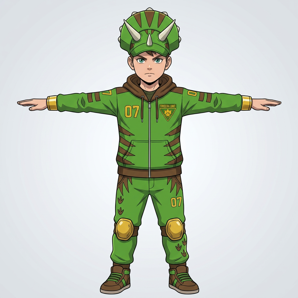 AI Design for do only an image of the boy with excact details in a t pose and a simpler yet cooler anime art style