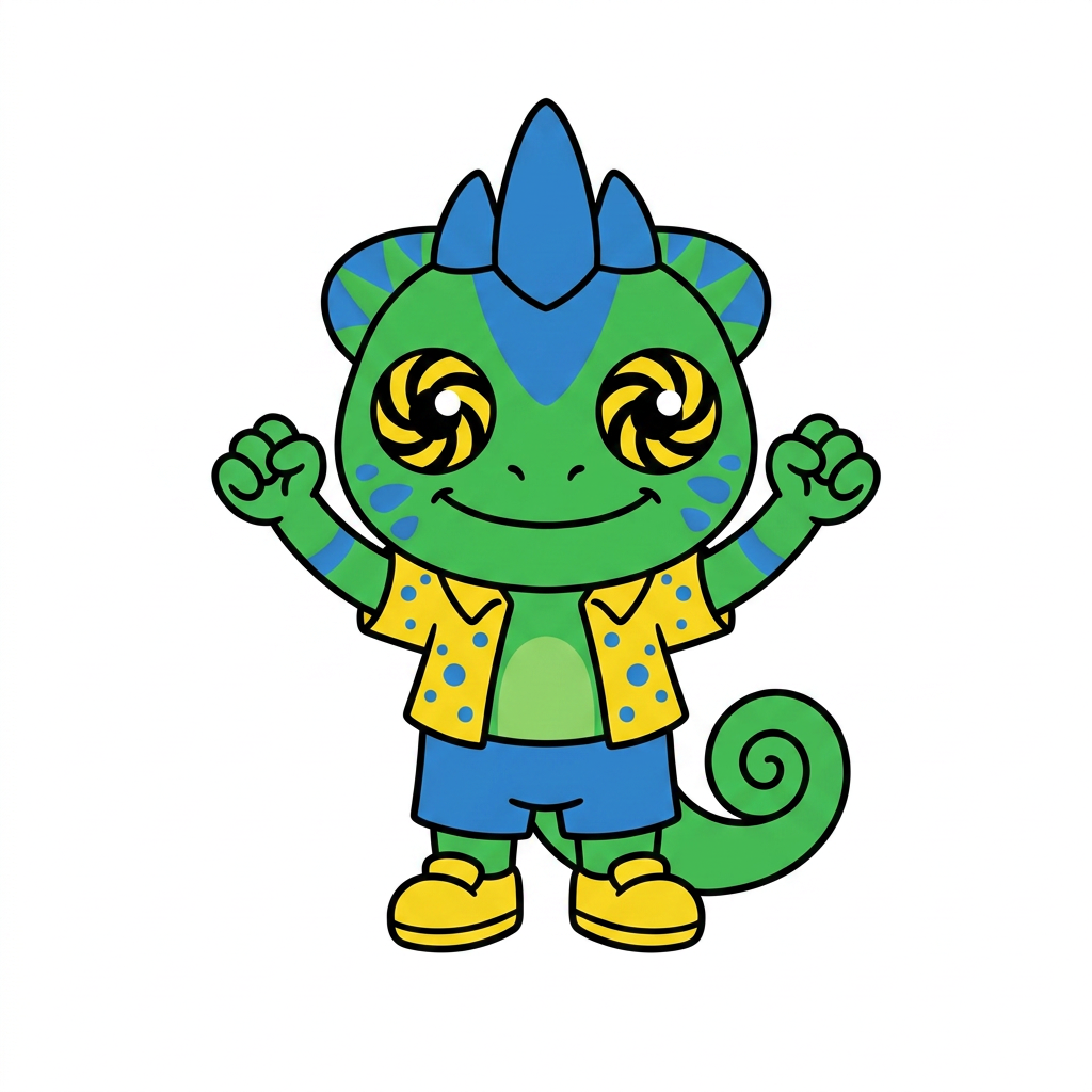 AI Design for FIX THE CHARACTHER DESIGN IN THE DRAWONG STYLE AND POSE THANK YOU SO MUCH SO SIMPLE COLOURS MINIMAL SHADING AND BOLD BLACK LINES FIX HIS EYES AND MAKE HIM HAVE STUBBY SHORT ARMS AND LEGS AND ONLY CHANGE THE EYES AND PROPORTIONS NO COLOURS SHOULD BE CHANGHED ALL INCLUDED