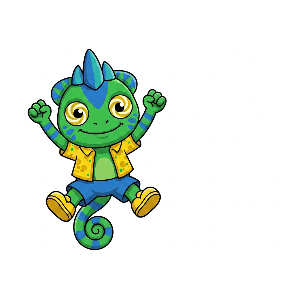 AI Design for FIX THE CHARACTHER DESIGN IN THE DRAWONG STYLE AND POSE THANK YOU SO MUCH SO SIMPLE COLOURS MINIMAL SHADING AND BOLD BLACK LINES FIX HIS EYES AND MAKE HIM HAVE STUBBY SHORT ARMS AND LEGS AND ONLY CHANGE THE EYES AND PROPORTIONS NO COLOURS SHOULD BE CHANGHED ALL INCLUDED