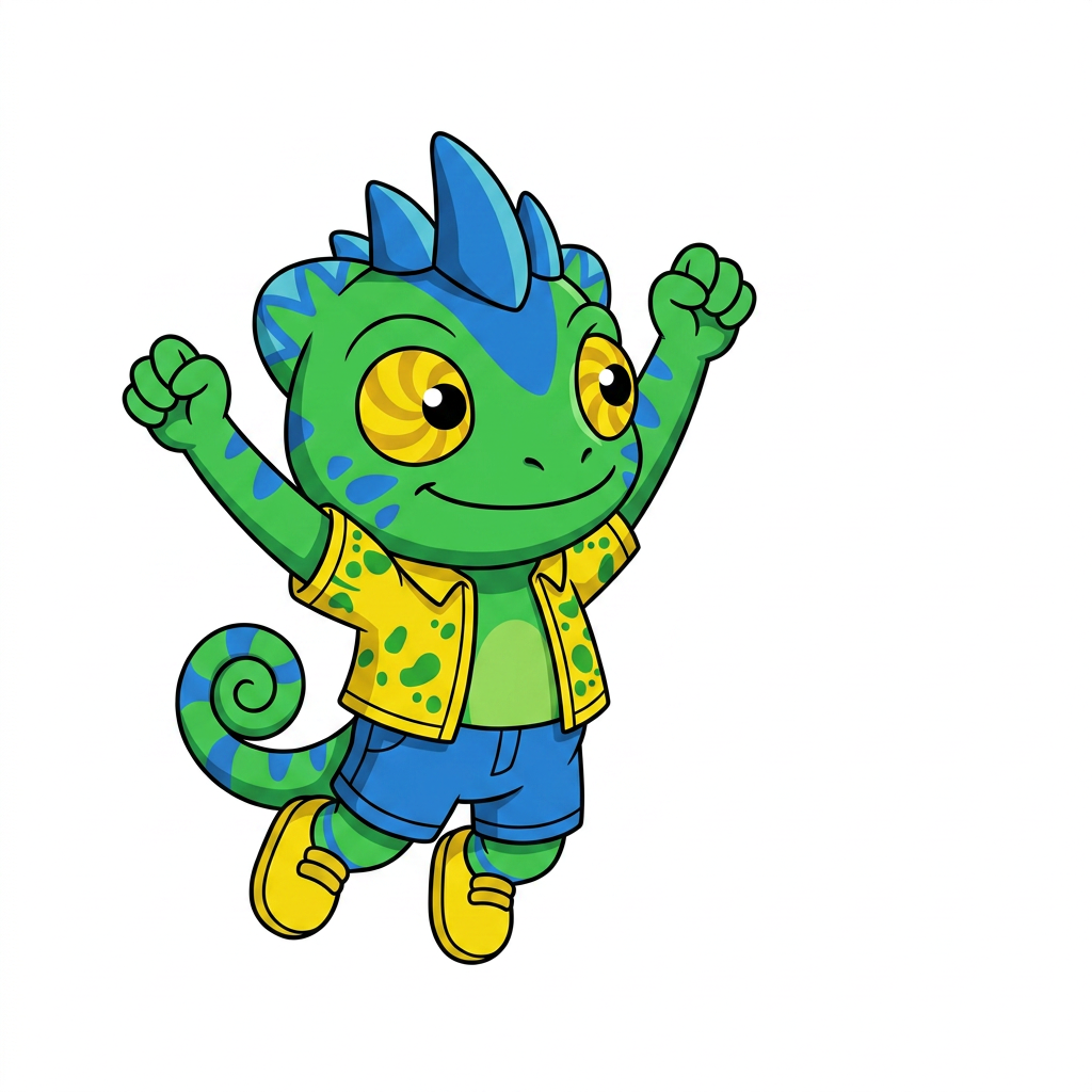 AI Design for use the provided reference image as the exact character design. Do not redesign or modify Tiny in any way. Keep all colors, proportions, markings, clothing, crest, horns, face, tail, and details exactly the same as the reference. Only change the pose. Tiny is shown in a dynamic mid-air jump on a pure white background. He is smiling happily and looking directly at the viewer. Both arms are raised upward in an excited, celebratory pose, with his legs bent naturally as if he has just jumped. Leave empty space on one side of the image for another character to stand beside him. Tiny should be positioned so that when another character is placed next to him, both characters appear to be jumping together with their raised arms forming a balanced composition. Use a clean, modern mascot illustration style with bold black outlines, flat vibrant colors, minimal shading, and smooth vector-style shapes. No text, no props, no shadows, no background elements, and no additional characters. The reference image is authoritative—only the pose should change. LISTEN BASIC COLOURS SIMPLE SHADING MINIMAL NOT MUCH AND BOLD BLACK LINES MAKE HIM SMALL CHUBBY AND LOOK TO HIS LEFT (MY RIGHT) THANK YOUUUU DO NOT INCLUDE ORANGE LIZARD JUST USE HIM AS ART STYLE INSPIRATION AND MAKE HIM LOOK A LITTLE BIT LIKE HIM