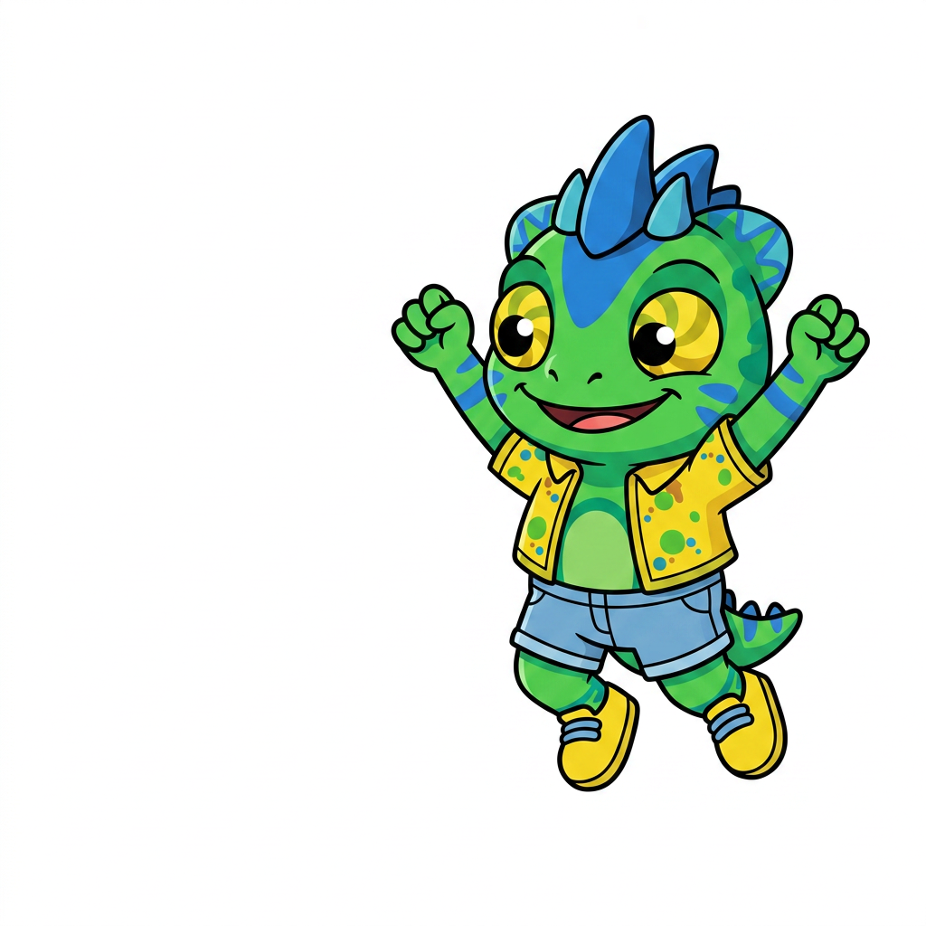 AI Design for use the provided reference image as the exact character design. Do not redesign or modify Tiny in any way. Keep all colors, proportions, markings, clothing, crest, horns, face, tail, and details exactly the same as the reference. Only change the pose. Tiny is shown in a dynamic mid-air jump on a pure white background. He is smiling happily and looking directly at the viewer. Both arms are raised upward in an excited, celebratory pose, with his legs bent naturally as if he has just jumped. Leave empty space on one side of the image for another character to stand beside him. Tiny should be positioned so that when another character is placed next to him, both characters appear to be jumping together with their raised arms forming a balanced composition. Use a clean, modern mascot illustration style with bold black outlines, flat vibrant colors, minimal shading, and smooth vector-style shapes. No text, no props, no shadows, no background elements, and no additional characters. The reference image is authoritative—only the pose should change. LISTEN BASIC COLOURS SIMPLE SHADING MINIMAL NOT MUCH AND BOLD BLACK LINES MAKE HIM SMALL CHUBBY AND LOOK TO HIS LEFT (MY RIGHT) THANK YOUUUU