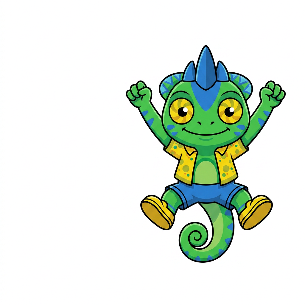 AI Design for use the provided reference image as the exact character design. Do not redesign or modify Tiny in any way. Keep all colors, proportions, markings, clothing, crest, horns, face, tail, and details exactly the same as the reference. Only change the pose. Tiny is shown in a dynamic mid-air jump on a pure white background. He is smiling happily and looking directly at the viewer. Both arms are raised upward in an excited, celebratory pose, with his legs bent naturally as if he has just jumped. Leave empty space on one side of the image for another character to stand beside him. Tiny should be positioned so that when another character is placed next to him, both characters appear to be jumping together with their raised arms forming a balanced composition. Use a clean, modern mascot illustration style with bold black outlines, flat vibrant colors, minimal shading, and smooth vector-style shapes. No text, no props, no shadows, no background elements, and no additional characters. The reference image is authoritative—only the pose should change.