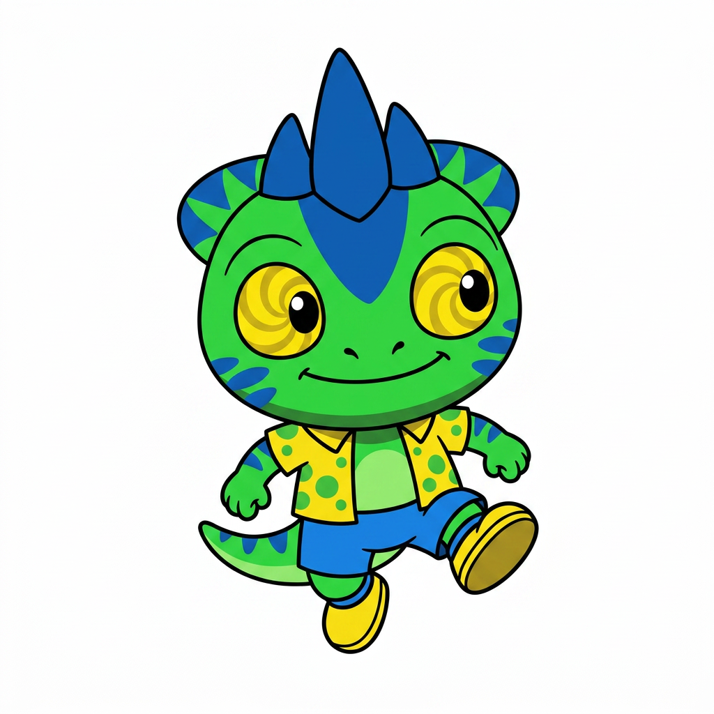 AI Design for make backgorund white make this smal chameleon character face the right while ujmping facing the viewer and has minimal shading simple vbirant colors bold black lines and do not mess up the design even a bit