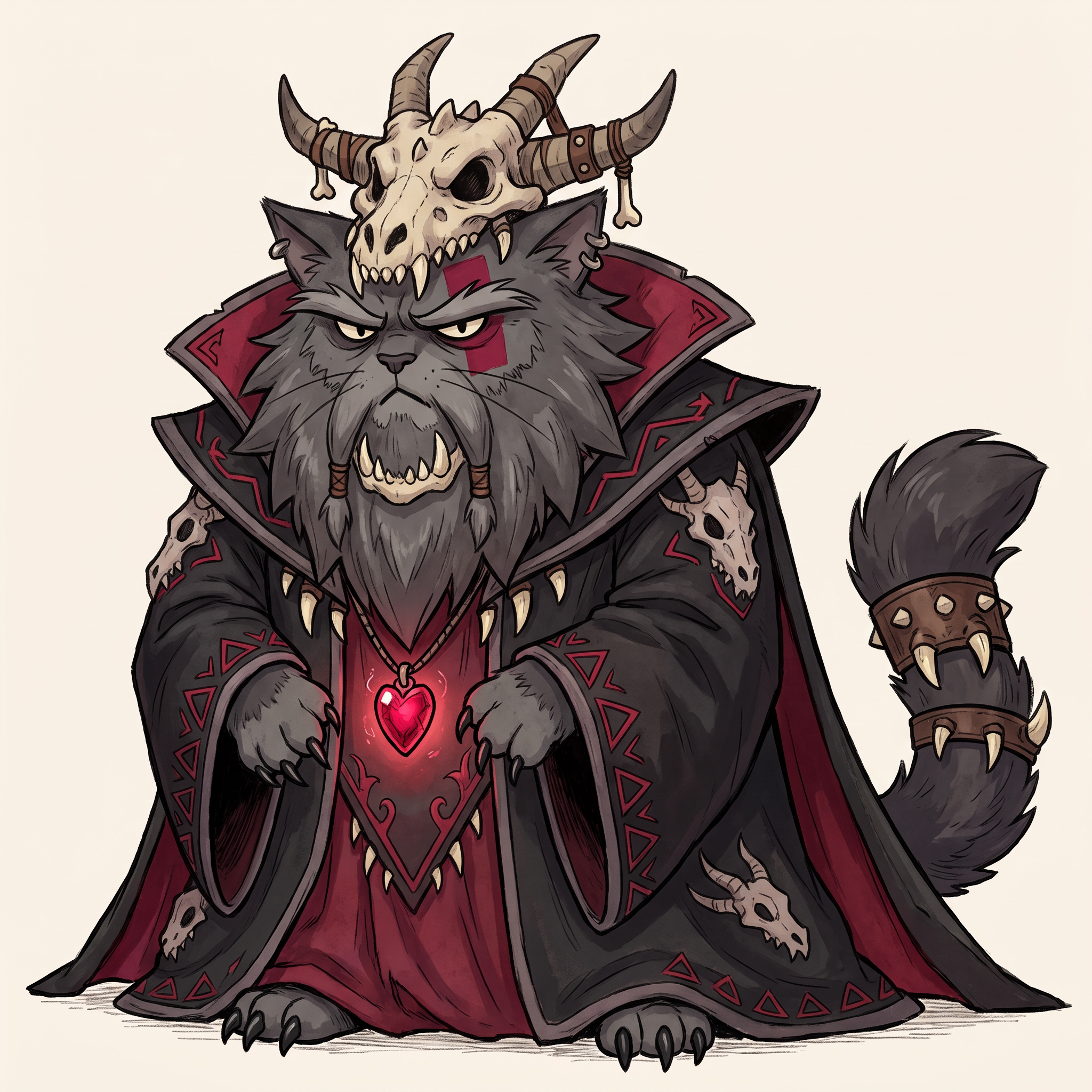 AI Design for Absolutely! Looking at Jasper's design, the art style has a very clear identity:
Thick, confident line art.
Soft watercolor-like coloring with minimal shading.
Round, expressive dot eyes.
Small nose and gentle smile.
Big, fluffy proportions.
Medieval clothing with simple, readable shapes.
Nothing is overly realistic or overly detailed.
Deathclaw should follow exactly the same artistic rules, just with a much darker silhouette.
☠️ Deathclaw Dragonbane
Character Design (Embermane Art Style)
Overall Shape
Unlike Jasper's round, welcoming silhouette, Deathclaw's silhouette is tall and triangular.
Imagine him standing almost completely hidden beneath a gigantic robe.
The robe should make him look almost like a mountain.
Only his face, paws and tail are really visible.
He should look intimidating...
...without becoming frightening enough to stop feeling like he belongs in a family fantasy.
Face
He's an elderly tomcat.
Fur:
Very dark charcoal gray.
Nearly black.
His muzzle is slightly lighter gray.
His beard is enormous.
Think of an old lion's mane mixed with a wizard's beard.
The mane is shaggy and angular instead of fluffy.
It spreads across his shoulders.
His eyebrows are thick and point downward.
His eyes are still the same little oval/dot eyes as Jasper...
...but much smaller beneath his eyebrows.
That makes him look constantly serious.
Facial Marking
Instead of natural tiger stripes...
Deathclaw paints himself.
A thick crimson rectangle runs across both cheeks and over the bridge of his nose.
It has sharp square edges.
It instantly separates him from every other cat.
Hat
Probably the most recognizable part.
A dragon skull
Very wide.
Very tall.
It droops slightly with age.
Wrapped around it are:
Dragon horns.
Leather straps.
Bones.
The front of the hat is shaped like the upper half of a dragon skull.
The lower jaw hangs around his neck as a necklace.
Robes
Massive.
Black.
Flowing almost to the ground.
Inside lining:
Deep crimson red.
Around the edges:
Dark gray trim.
Across the robe:
Painted red triangles.
Ancient symbols.
Little skull motifs embroidered into the fabric.
Not realistic skulls.
Stylized fantasy symbols.
Pendant
Around his neck hangs the most important object.
The Dragon Heart.
A glowing ruby-red crystal.
Held inside an old bronze pendant.
This should always be visible.
Even if the robe covers everything else.
Dragon Decorations
Instead of wearing jewelry...
He wears trophies.
Dragon teeth:
On the cuffs.
Around the collar.
Hanging from his belt.
Small dragon scales stitched into parts of the robe.
Nothing excessive.
Just enough that viewers immediately think:
"Everything about this guy revolves around dragons."
Hands
Unlike Jasper's little soft paws...
Deathclaw's paws have long black claws.
Still stylized.
Still cute enough for the art style.
But noticeably sharper.
Tail
Long.
Dark.
Heavy.
It pokes out from under the robe.
Near the tip are small leather bands with a few dragon teeth tied onto them.
Colors
Primary:
⚫ Black
Secondary:
🔴 Crimson Red
Accent:
⚪ Bone White
Small details:
🩶 Dark Gray
Pendant:
❤️ Bright glowing red
Personality Through Pose
Jasper stands openly.
Deathclaw almost never does.
He usually stands with:
Hands hidden inside his sleeves.
Head slightly lowered.
Looking down at others.
His robe moves before he does.
When he walks...
The robe glides.
Almost silently.
Expression
He almost never smiles.
When he finally does...
It's a tiny grin.
The kind that makes everyone realize:
He already knows something no one else does.
The Final Impression
If Jasper makes readers think:
"I want to go on an adventure with him."
Deathclaw should make them think:
"This is someone who has lived for centuries... and every piece of his clothing tells a story."
Most importantly, even though he's the villain, his proportions, line work, and facial style should match Jasper's exactly. That way, he feels like he belongs in the same world rather than looking like he wandered in from a darker fantasy series. japser is the cat in the prompt bar replicate the art style