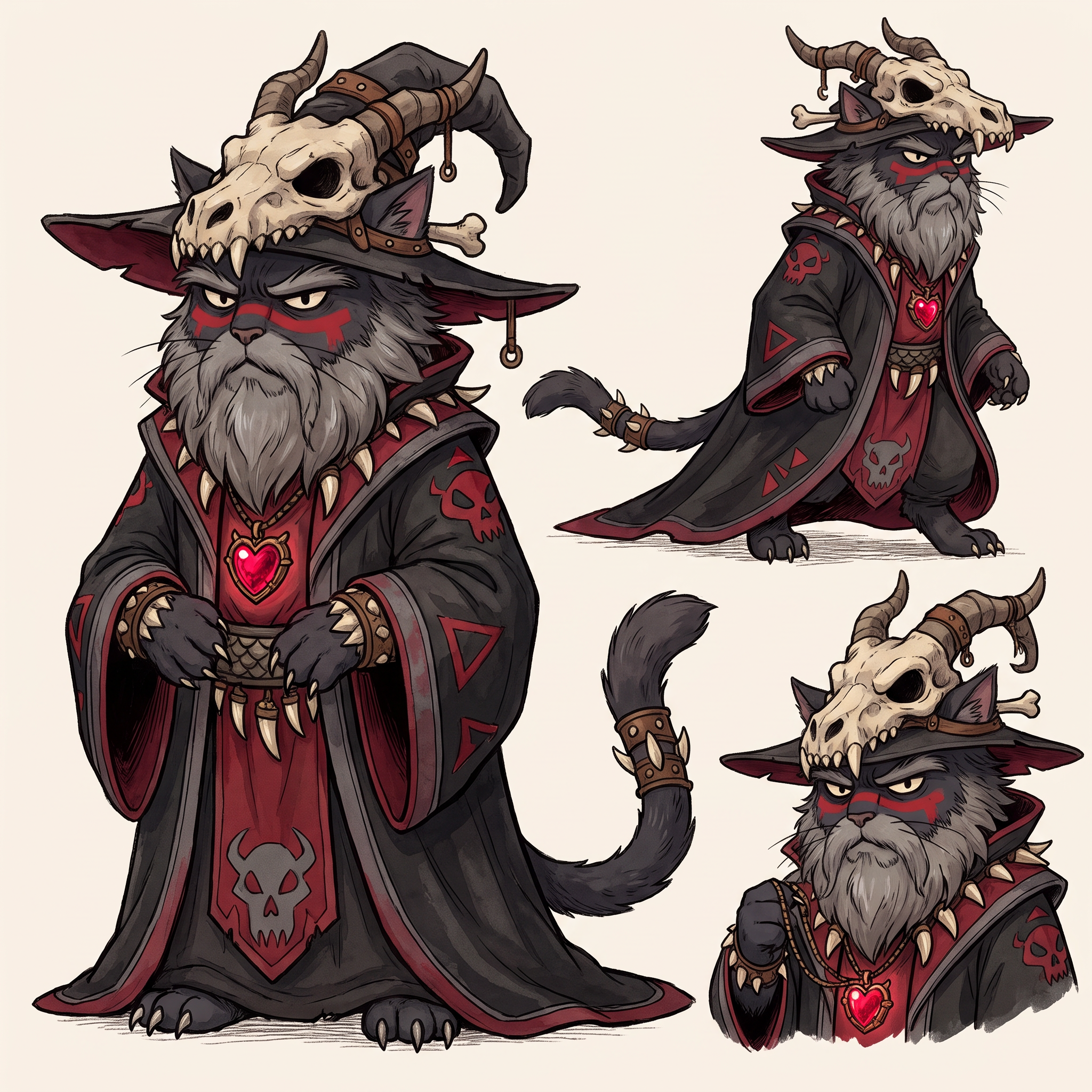 AI Design for Absolutely! Looking at Jasper's design, the art style has a very clear identity:
Thick, confident line art.
Soft watercolor-like coloring with minimal shading.
Round, expressive dot eyes.
Small nose and gentle smile.
Big, fluffy proportions.
Medieval clothing with simple, readable shapes.
Nothing is overly realistic or overly detailed.
Deathclaw should follow exactly the same artistic rules, just with a much darker silhouette.
☠️ Deathclaw Dragonbane
Character Design (Embermane Art Style)
Overall Shape
Unlike Jasper's round, welcoming silhouette, Deathclaw's silhouette is tall and triangular.
Imagine him standing almost completely hidden beneath a gigantic robe.
The robe should make him look almost like a mountain.
Only his face, paws and tail are really visible.
He should look intimidating...
...without becoming frightening enough to stop feeling like he belongs in a family fantasy.
Face
He's an elderly tomcat.
Fur:
Very dark charcoal gray.
Nearly black.
His muzzle is slightly lighter gray.
His beard is enormous.
Think of an old lion's mane mixed with a wizard's beard.
The mane is shaggy and angular instead of fluffy.
It spreads across his shoulders.
His eyebrows are thick and point downward.
His eyes are still the same little oval/dot eyes as Jasper...
...but much smaller beneath his eyebrows.
That makes him look constantly serious.
Facial Marking
Instead of natural tiger stripes...
Deathclaw paints himself.
A thick crimson rectangle runs across both cheeks and over the bridge of his nose.
It has sharp square edges.
It instantly separates him from every other cat.
Hat
Probably the most recognizable part.
A dragon skull
Very wide.
Very tall.
It droops slightly with age.
Wrapped around it are:
Dragon horns.
Leather straps.
Bones.
The front of the hat is shaped like the upper half of a dragon skull.
The lower jaw hangs around his neck as a necklace.
Robes
Massive.
Black.
Flowing almost to the ground.
Inside lining:
Deep crimson red.
Around the edges:
Dark gray trim.
Across the robe:
Painted red triangles.
Ancient symbols.
Little skull motifs embroidered into the fabric.
Not realistic skulls.
Stylized fantasy symbols.
Pendant
Around his neck hangs the most important object.
The Dragon Heart.
A glowing ruby-red crystal.
Held inside an old bronze pendant.
This should always be visible.
Even if the robe covers everything else.
Dragon Decorations
Instead of wearing jewelry...
He wears trophies.
Dragon teeth:
On the cuffs.
Around the collar.
Hanging from his belt.
Small dragon scales stitched into parts of the robe.
Nothing excessive.
Just enough that viewers immediately think:
"Everything about this guy revolves around dragons."
Hands
Unlike Jasper's little soft paws...
Deathclaw's paws have long black claws.
Still stylized.
Still cute enough for the art style.
But noticeably sharper.
Tail
Long.
Dark.
Heavy.
It pokes out from under the robe.
Near the tip are small leather bands with a few dragon teeth tied onto them.
Colors
Primary:
⚫ Black
Secondary:
🔴 Crimson Red
Accent:
⚪ Bone White
Small details:
🩶 Dark Gray
Pendant:
❤️ Bright glowing red
Personality Through Pose
Jasper stands openly.
Deathclaw almost never does.
He usually stands with:
Hands hidden inside his sleeves.
Head slightly lowered.
Looking down at others.
His robe moves before he does.
When he walks...
The robe glides.
Almost silently.
Expression
He almost never smiles.
When he finally does...
It's a tiny grin.
The kind that makes everyone realize:
He already knows something no one else does.
The Final Impression
If Jasper makes readers think:
"I want to go on an adventure with him."
Deathclaw should make them think:
"This is someone who has lived for centuries... and every piece of his clothing tells a story."
Most importantly, even though he's the villain, his proportions, line work, and facial style should match Jasper's exactly. That way, he feels like he belongs in the same world rather than looking like he wandered in from a darker fantasy series. japser is the cat in the prompt bar replicate the art style