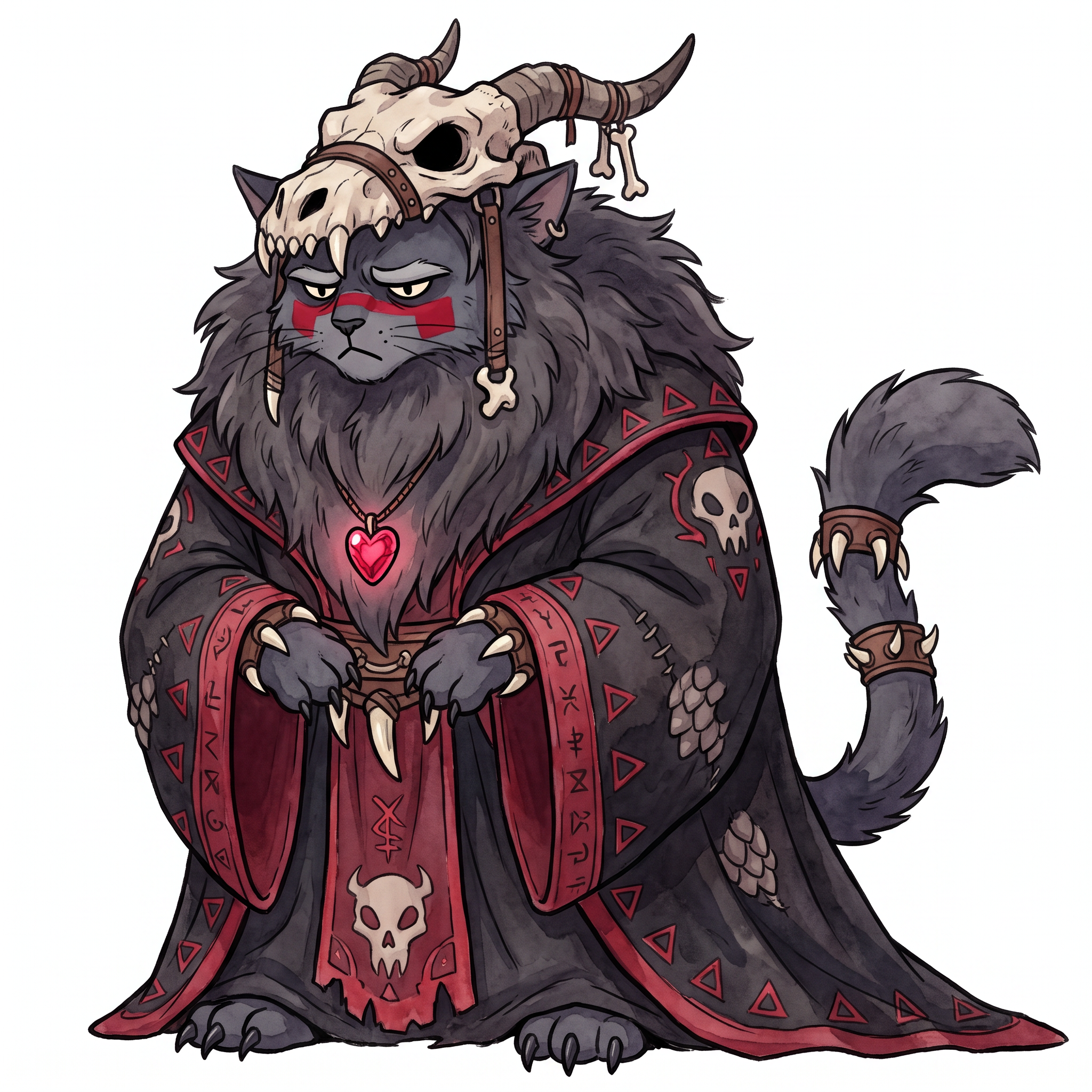 AI Design for Absolutely! Looking at Jasper's design, the art style has a very clear identity:
Thick, confident line art.
Soft watercolor-like coloring with minimal shading.
Round, expressive dot eyes.
Small nose and gentle smile.
Big, fluffy proportions.
Medieval clothing with simple, readable shapes.
Nothing is overly realistic or overly detailed.
Deathclaw should follow exactly the same artistic rules, just with a much darker silhouette.
☠️ Deathclaw Dragonbane
Character Design (Embermane Art Style)
Overall Shape
Unlike Jasper's round, welcoming silhouette, Deathclaw's silhouette is tall and triangular.
Imagine him standing almost completely hidden beneath a gigantic robe.
The robe should make him look almost like a mountain.
Only his face, paws and tail are really visible.
He should look intimidating...
...without becoming frightening enough to stop feeling like he belongs in a family fantasy.
Face
He's an elderly tomcat.
Fur:
Very dark charcoal gray.
Nearly black.
His muzzle is slightly lighter gray.
His beard is enormous.
Think of an old lion's mane mixed with a wizard's beard.
The mane is shaggy and angular instead of fluffy.
It spreads across his shoulders.
His eyebrows are thick and point downward.
His eyes are still the same little oval/dot eyes as Jasper...
...but much smaller beneath his eyebrows.
That makes him look constantly serious.
Facial Marking
Instead of natural tiger stripes...
Deathclaw paints himself.
A thick crimson rectangle runs across both cheeks and over the bridge of his nose.
It has sharp square edges.
It instantly separates him from every other cat.
Hat
Probably the most recognizable part.
A dragon skull
Very wide.
Very tall.
It droops slightly with age.
Wrapped around it are:
Dragon horns.
Leather straps.
Bones.
The front of the hat is shaped like the upper half of a dragon skull.
The lower jaw hangs around his neck as a necklace.
Robes
Massive.
Black.
Flowing almost to the ground.
Inside lining:
Deep crimson red.
Around the edges:
Dark gray trim.
Across the robe:
Painted red triangles.
Ancient symbols.
Little skull motifs embroidered into the fabric.
Not realistic skulls.
Stylized fantasy symbols.
Pendant
Around his neck hangs the most important object.
The Dragon Heart.
A glowing ruby-red crystal.
Held inside an old bronze pendant.
This should always be visible.
Even if the robe covers everything else.
Dragon Decorations
Instead of wearing jewelry...
He wears trophies.
Dragon teeth:
On the cuffs.
Around the collar.
Hanging from his belt.
Small dragon scales stitched into parts of the robe.
Nothing excessive.
Just enough that viewers immediately think:
"Everything about this guy revolves around dragons."
Hands
Unlike Jasper's little soft paws...
Deathclaw's paws have long black claws.
Still stylized.
Still cute enough for the art style.
But noticeably sharper.
Tail
Long.
Dark.
Heavy.
It pokes out from under the robe.
Near the tip are small leather bands with a few dragon teeth tied onto them.
Colors
Primary:
⚫ Black
Secondary:
🔴 Crimson Red
Accent:
⚪ Bone White
Small details:
🩶 Dark Gray
Pendant:
❤️ Bright glowing red
Personality Through Pose
Jasper stands openly.
Deathclaw almost never does.
He usually stands with:
Hands hidden inside his sleeves.
Head slightly lowered.
Looking down at others.
His robe moves before he does.
When he walks...
The robe glides.
Almost silently.
Expression
He almost never smiles.
When he finally does...
It's a tiny grin.
The kind that makes everyone realize:
He already knows something no one else does.
The Final Impression
If Jasper makes readers think:
"I want to go on an adventure with him."
Deathclaw should make them think:
"This is someone who has lived for centuries... and every piece of his clothing tells a story."
Most importantly, even though he's the villain, his proportions, line work, and facial style should match Jasper's exactly. That way, he feels like he belongs in the same world rather than looking like he wandered in from a darker fantasy series. japser is the cat in the prompt bar replicate the art style