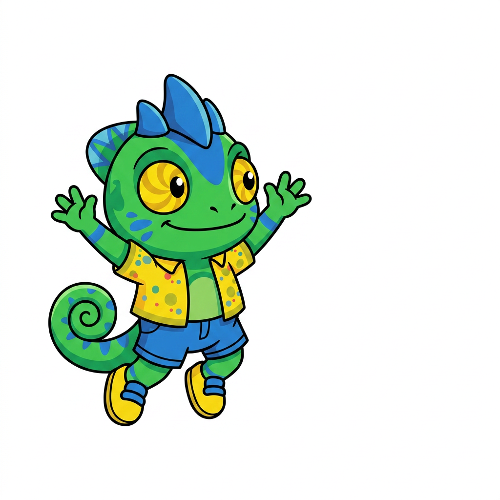 AI Design for use the provided reference image as the exact character design. Do not redesign or modify Tiny in any way. Keep all colors, proportions, markings, clothing, crest, horns, face, tail, and details exactly the same as the reference. Only change the pose. Tiny is shown in a dynamic mid-air jump on a pure white background. He is smiling happily and looking directly at the viewer. Both arms are raised upward in an excited, celebratory pose, with his legs bent naturally as if he has just jumped. Leave empty space on one side of the image for another character to stand beside him. Tiny should be positioned so that when another character is placed next to him, both characters appear to be jumping together with their raised arms forming a balanced composition. Use a clean, modern mascot illustration style with bold black outlines, flat vibrant colors, minimal shading, and smooth vector-style shapes. No text, no props, no shadows, no background elements, and no additional characters. The reference image is authoritative—only the pose should change. LISTEN BASIC COLOURS SIMPLE SHADING MINIMAL NOT MUCH AND BOLD BLACK LINES MAKE HIM SMALL CHUBBY AND LOOK TO HIS LEFT (MY RIGHT) THANK YOUUUU