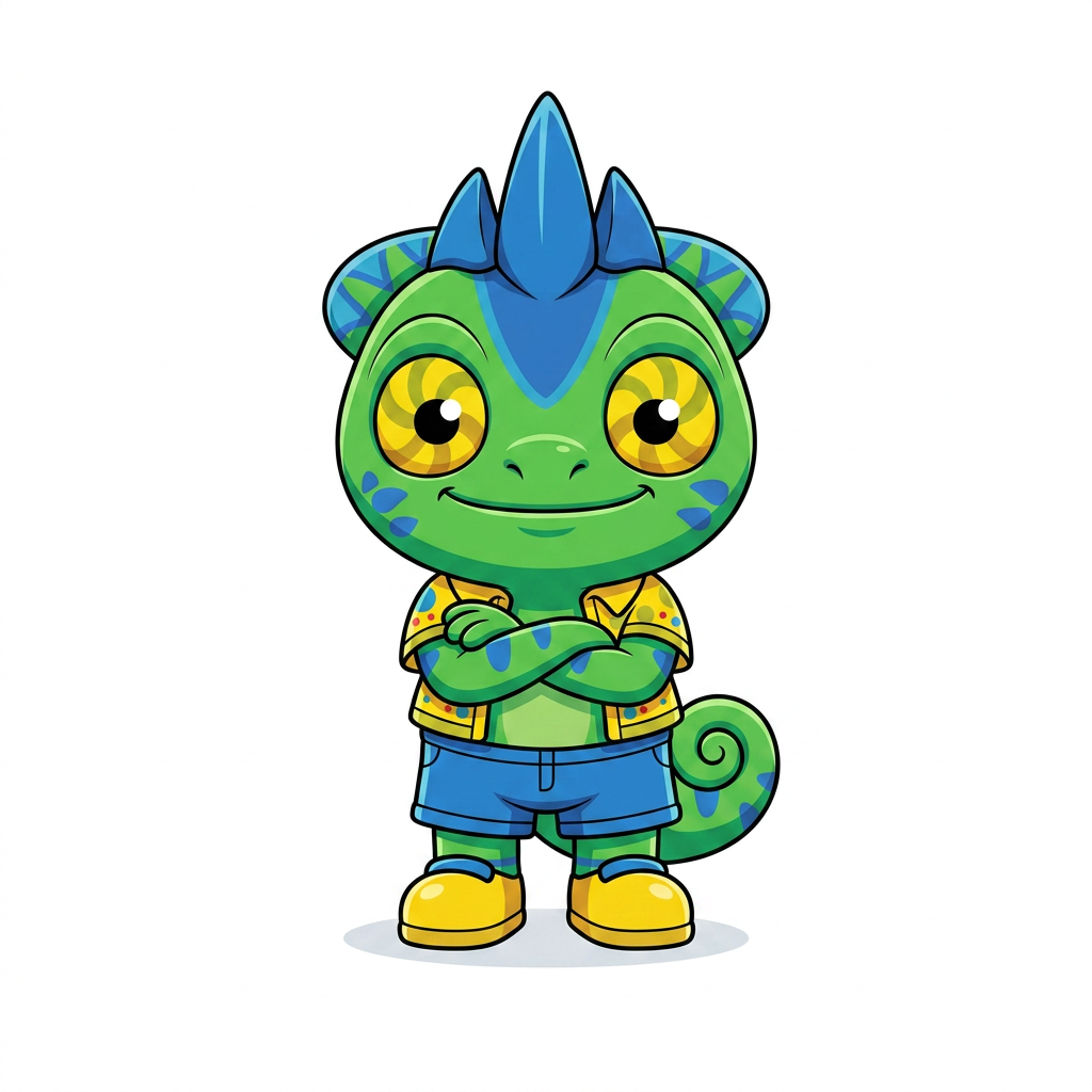 AI Design for Ah, I see now. You're **using Tiny's T-pose as the reference**, and you want the AI to **only pose Tiny** for promo art without changing his design.
Here's a prompt you can use:
> **Use the provided reference image as the exact character design. Keep Tiny's appearance identical to the reference. Do not redesign, simplify, or alter any colors, markings, proportions, clothing, facial features, crest, or tail. Pose him standing confidently with his arms crossed, smiling confidently and looking directly at the viewer. Keep his personality cheerful and adventurous, not angry or aggressive. Draw him in a clean, modern mascot illustration style with bold black outlines, flat vibrant colors, minimal shading, and smooth vector-like shapes. Use a pure white background with no text, no props, no shadows, and no additional characters. Create polished official promotional artwork while preserving every detail of the original character design exactly.**
If it keeps changing Tiny's design, add one more instruction at the end:
> **The reference image is authoritative. Only change the pose. Do not modify the character design in any other way.**
That last sentence often helps image generators understand that you want **a pose change only**, not a redesign.