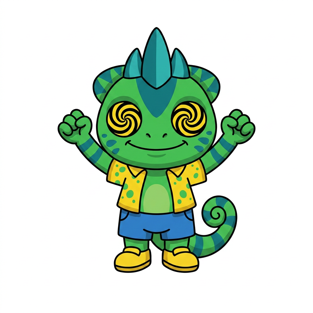 AI Design for FIX THE CHARACTHER DESIGN IN THE DRAWONG STYLE AND POSE THANK YOU SO MUCH SO SIMPLE COLOURS MINIMAL SHADING AND BOLD BLACK LINES FIX HIS EYES AND MAKE HIM HAVE STUBBY SHORT ARMS AND LEGS