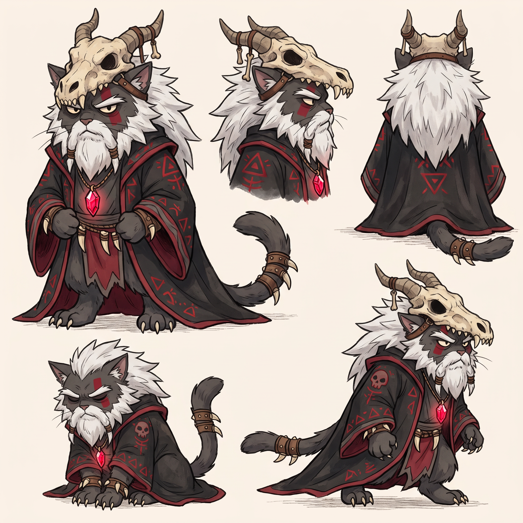 AI Design for Absolutely! Looking at Jasper's design, the art style has a very clear identity:
Thick, confident line art.
Soft watercolor-like coloring with minimal shading.
Round, expressive dot eyes.
Small nose and gentle smile.
Big, fluffy proportions.
Medieval clothing with simple, readable shapes.
Nothing is overly realistic or overly detailed.
Deathclaw should follow exactly the same artistic rules, just with a much darker silhouette.
☠️ Deathclaw Dragonbane
Character Design (Embermane Art Style)
Overall Shape
Unlike Jasper's round, welcoming silhouette, Deathclaw's silhouette is tall and triangular.
Imagine him standing almost completely hidden beneath a gigantic robe.
The robe should make him look almost like a mountain.
Only his face, paws and tail are really visible.
He should look intimidating...
...without becoming frightening enough to stop feeling like he belongs in a family fantasy.
Face
He's an elderly tomcat.
Fur:
Very dark charcoal gray.
Nearly black.
His muzzle is slightly lighter gray.
His beard is enormous.
Think of an old lion's mane mixed with a wizard's beard.
The mane is shaggy and angular instead of fluffy.
It spreads across his shoulders.
His eyebrows are thick and point downward.
His eyes are still the same little oval/dot eyes as Jasper...
...but much smaller beneath his eyebrows.
That makes him look constantly serious.
Facial Marking
Instead of natural tiger stripes...
Deathclaw paints himself.
A thick crimson rectangle runs across both cheeks and over the bridge of his nose.
It has sharp square edges.
It instantly separates him from every other cat.
Hat
Probably the most recognizable part.
A dragon skull
Very wide.
Very tall.
It droops slightly with age.
Wrapped around it are:
Dragon horns.
Leather straps.
Bones.
The front of the hat is shaped like the upper half of a dragon skull.
The lower jaw hangs around his neck as a necklace.
Robes
Massive.
Black.
Flowing almost to the ground.
Inside lining:
Deep crimson red.
Around the edges:
Dark gray trim.
Across the robe:
Painted red triangles.
Ancient symbols.
Little skull motifs embroidered into the fabric.
Not realistic skulls.
Stylized fantasy symbols.
Pendant
Around his neck hangs the most important object.
The Dragon Heart.
A glowing ruby-red crystal.
Held inside an old bronze pendant.
This should always be visible.
Even if the robe covers everything else.
Dragon Decorations
Instead of wearing jewelry...
He wears trophies.
Dragon teeth:
On the cuffs.
Around the collar.
Hanging from his belt.
Small dragon scales stitched into parts of the robe.
Nothing excessive.
Just enough that viewers immediately think:
"Everything about this guy revolves around dragons."
Hands
Unlike Jasper's little soft paws...
Deathclaw's paws have long black claws.
Still stylized.
Still cute enough for the art style.
But noticeably sharper.
Tail
Long.
Dark.
Heavy.
It pokes out from under the robe.
Near the tip are small leather bands with a few dragon teeth tied onto them.
Colors
Primary:
⚫ Black
Secondary:
🔴 Crimson Red
Accent:
⚪ Bone White
Small details:
🩶 Dark Gray
Pendant:
❤️ Bright glowing red
Personality Through Pose
Jasper stands openly.
Deathclaw almost never does.
He usually stands with:
Hands hidden inside his sleeves.
Head slightly lowered.
Looking down at others.
His robe moves before he does.
When he walks...
The robe glides.
Almost silently.
Expression
He almost never smiles.
When he finally does...
It's a tiny grin.
The kind that makes everyone realize:
He already knows something no one else does.
The Final Impression
If Jasper makes readers think:
"I want to go on an adventure with him."
Deathclaw should make them think:
"This is someone who has lived for centuries... and every piece of his clothing tells a story."
Most importantly, even though he's the villain, his proportions, line work, and facial style should match Jasper's exactly. That way, he feels like he belongs in the same world rather than looking like he wandered in from a darker fantasy series. japser is the cat in the prompt bar replicate the art style