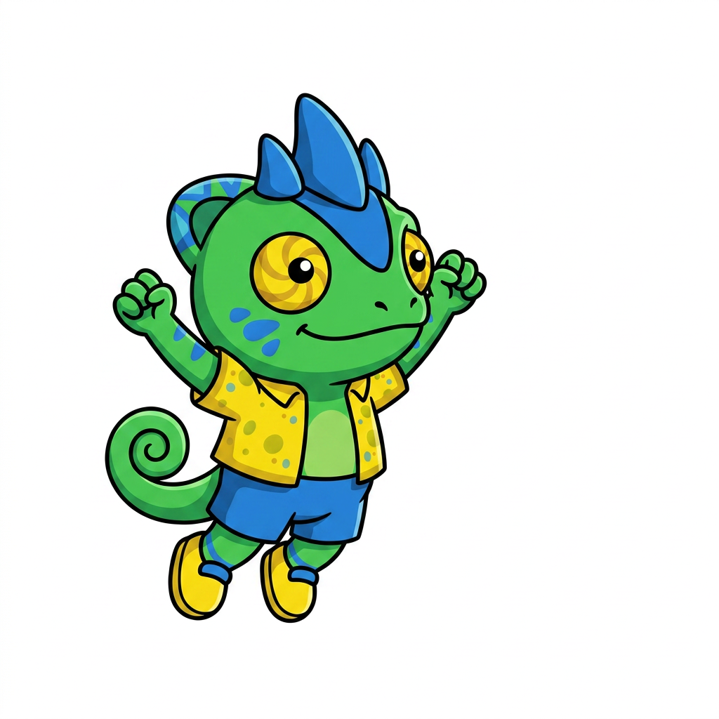 AI Design for use the provided reference image as the exact character design. Do not redesign or modify Tiny in any way. Keep all colors, proportions, markings, clothing, crest, horns, face, tail, and details exactly the same as the reference. Only change the pose. Tiny is shown in a dynamic mid-air jump on a pure white background. He is smiling happily and looking directly at the viewer. Both arms are raised upward in an excited, celebratory pose, with his legs bent naturally as if he has just jumped. Leave empty space on one side of the image for another character to stand beside him. Tiny should be positioned so that when another character is placed next to him, both characters appear to be jumping together with their raised arms forming a balanced composition. Use a clean, modern mascot illustration style with bold black outlines, flat vibrant colors, minimal shading, and smooth vector-style shapes. No text, no props, no shadows, no background elements, and no additional characters. The reference image is authoritative—only the pose should change. LISTEN BASIC COLOURS SIMPLE SHADING MINIMAL NOT MUCH AND BOLD BLACK LINES MAKE HIM SMALL CHUBBY AND LOOK TO HIS LEFT (MY RIGHT) THANK YOUUUU DO NOT INCLUDE ORANGE LIZARD JUST USE HIM AS ART STYLE INSPIRATION AND MAKE HIM LOOK A LITTLE BIT LIKE HIM