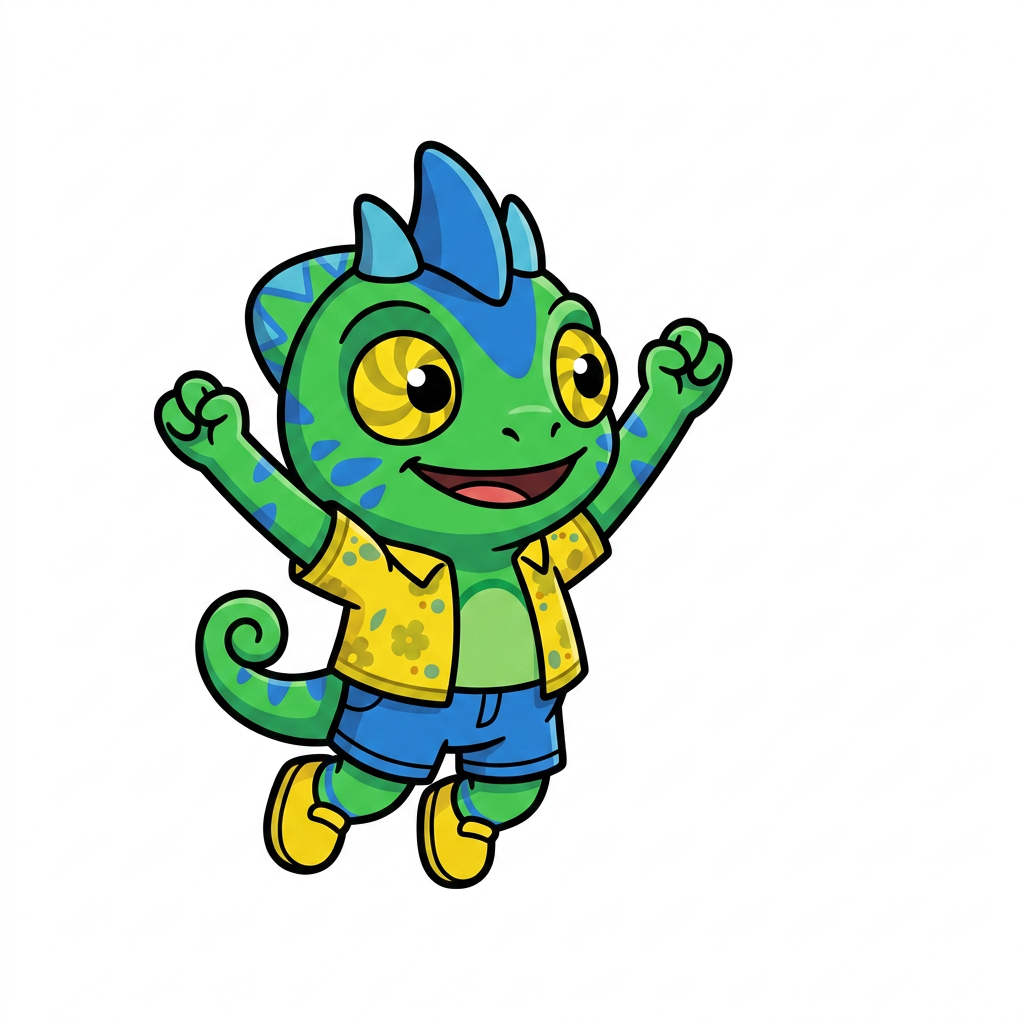 AI Design for use the provided reference image as the exact character design. Do not redesign or modify Tiny in any way. Keep all colors, proportions, markings, clothing, crest, horns, face, tail, and details exactly the same as the reference. Only change the pose. Tiny is shown in a dynamic mid-air jump on a pure white background. He is smiling happily and looking directly at the viewer. Both arms are raised upward in an excited, celebratory pose, with his legs bent naturally as if he has just jumped. Leave empty space on one side of the image for another character to stand beside him. Tiny should be positioned so that when another character is placed next to him, both characters appear to be jumping together with their raised arms forming a balanced composition. Use a clean, modern mascot illustration style with bold black outlines, flat vibrant colors, minimal shading, and smooth vector-style shapes. No text, no props, no shadows, no background elements, and no additional characters. The reference image is authoritative—only the pose should change. LISTEN BASIC COLOURS SIMPLE SHADING MINIMAL NOT MUCH AND BOLD BLACK LINES MAKE HIM SMALL CHUBBY AND LOOK TO HIS LEFT (MY RIGHT) THANK YOUUUU