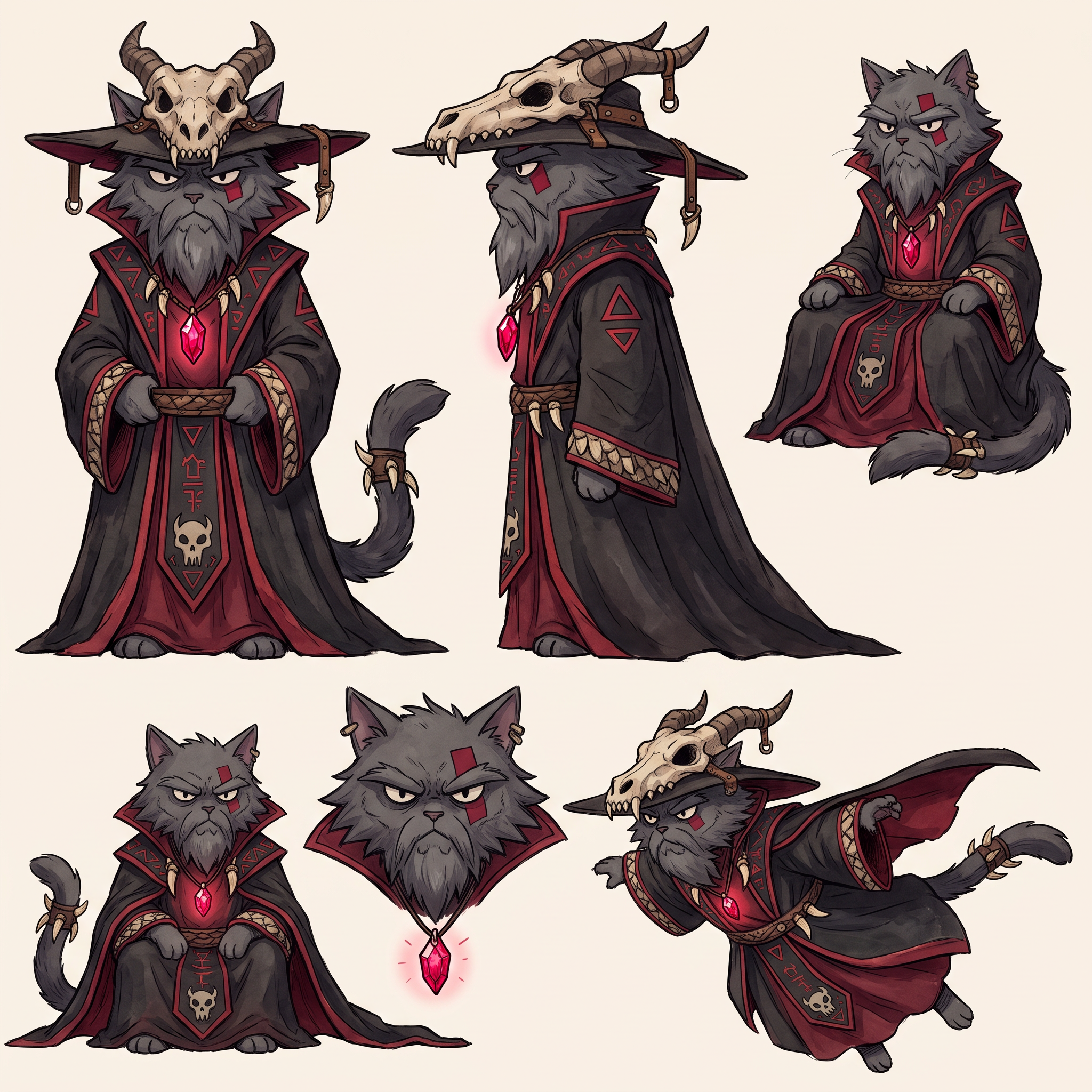 AI Design for Absolutely! Looking at Jasper's design, the art style has a very clear identity:
Thick, confident line art.
Soft watercolor-like coloring with minimal shading.
Round, expressive dot eyes.
Small nose and gentle smile.
Big, fluffy proportions.
Medieval clothing with simple, readable shapes.
Nothing is overly realistic or overly detailed.
Deathclaw should follow exactly the same artistic rules, just with a much darker silhouette.
☠️ Deathclaw Dragonbane
Character Design (Embermane Art Style)
Overall Shape
Unlike Jasper's round, welcoming silhouette, Deathclaw's silhouette is tall and triangular.
Imagine him standing almost completely hidden beneath a gigantic robe.
The robe should make him look almost like a mountain.
Only his face, paws and tail are really visible.
He should look intimidating...
...without becoming frightening enough to stop feeling like he belongs in a family fantasy.
Face
He's an elderly tomcat.
Fur:
Very dark charcoal gray.
Nearly black.
His muzzle is slightly lighter gray.
His beard is enormous.
Think of an old lion's mane mixed with a wizard's beard.
The mane is shaggy and angular instead of fluffy.
It spreads across his shoulders.
His eyebrows are thick and point downward.
His eyes are still the same little oval/dot eyes as Jasper...
...but much smaller beneath his eyebrows.
That makes him look constantly serious.
Facial Marking
Instead of natural tiger stripes...
Deathclaw paints himself.
A thick crimson rectangle runs across both cheeks and over the bridge of his nose.
It has sharp square edges.
It instantly separates him from every other cat.
Hat
Probably the most recognizable part.
A dragon skull
Very wide.
Very tall.
It droops slightly with age.
Wrapped around it are:
Dragon horns.
Leather straps.
Bones.
The front of the hat is shaped like the upper half of a dragon skull.
The lower jaw hangs around his neck as a necklace.
Robes
Massive.
Black.
Flowing almost to the ground.
Inside lining:
Deep crimson red.
Around the edges:
Dark gray trim.
Across the robe:
Painted red triangles.
Ancient symbols.
Little skull motifs embroidered into the fabric.
Not realistic skulls.
Stylized fantasy symbols.
Pendant
Around his neck hangs the most important object.
The Dragon Heart.
A glowing ruby-red crystal.
Held inside an old bronze pendant.
This should always be visible.
Even if the robe covers everything else.
Dragon Decorations
Instead of wearing jewelry...
He wears trophies.
Dragon teeth:
On the cuffs.
Around the collar.
Hanging from his belt.
Small dragon scales stitched into parts of the robe.
Nothing excessive.
Just enough that viewers immediately think:
"Everything about this guy revolves around dragons."
Hands
Unlike Jasper's little soft paws...
Deathclaw's paws have long black claws.
Still stylized.
Still cute enough for the art style.
But noticeably sharper.
Tail
Long.
Dark.
Heavy.
It pokes out from under the robe.
Near the tip are small leather bands with a few dragon teeth tied onto them.
Colors
Primary:
⚫ Black
Secondary:
🔴 Crimson Red
Accent:
⚪ Bone White
Small details:
🩶 Dark Gray
Pendant:
❤️ Bright glowing red
Personality Through Pose
Jasper stands openly.
Deathclaw almost never does.
He usually stands with:
Hands hidden inside his sleeves.
Head slightly lowered.
Looking down at others.
His robe moves before he does.
When he walks...
The robe glides.
Almost silently.
Expression
He almost never smiles.
When he finally does...
It's a tiny grin.
The kind that makes everyone realize:
He already knows something no one else does.
The Final Impression
If Jasper makes readers think:
"I want to go on an adventure with him."
Deathclaw should make them think:
"This is someone who has lived for centuries... and every piece of his clothing tells a story."
Most importantly, even though he's the villain, his proportions, line work, and facial style should match Jasper's exactly. That way, he feels like he belongs in the same world rather than looking like he wandered in from a darker fantasy series. japser is the cat in the prompt bar replicate the art style