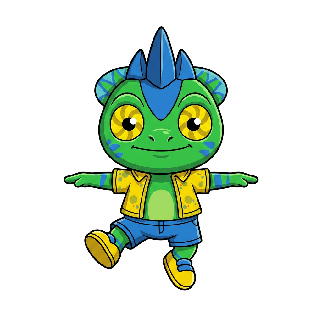 AI Design for make backgorund white make this smal chameleon character face the right while ujmping facing the viewer and has minimal shading simple vbirant colors bold black lines and do not mess up the design even a bitbut not to the side but looking or leanining to that part ever so slightrly so he can fit next to his brother but dont iclude him on the image or the background