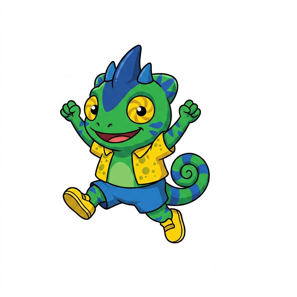 AI Design for use the provided reference image as the exact character design. Do not redesign or modify Tiny in any way. Keep all colors, proportions, markings, clothing, crest, horns, face, tail, and details exactly the same as the reference. Only change the pose. Tiny is shown in a dynamic mid-air jump on a pure white background. He is smiling happily and looking directly at the viewer. Both arms are raised upward in an excited, celebratory pose, with his legs bent naturally as if he has just jumped. Leave empty space on one side of the image for another character to stand beside him. Tiny should be positioned so that when another character is placed next to him, both characters appear to be jumping together with their raised arms forming a balanced composition. Use a clean, modern mascot illustration style with bold black outlines, flat vibrant colors, minimal shading, and smooth vector-style shapes. No text, no props, no shadows, no background elements, and no additional characters. The reference image is authoritative—only the pose should change. LISTEN BASIC COLOURS SIMPLE SHADING MINIMAL NOT MUCH AND BOLD BLACK LINES MAKE HIM SMALL CHUBBY AND LOOK TO HIS LEFT (MY RIGHT) THANK YOUUUU DO NOT INCLUDE ORANGE LIZARD JUST USE HIM AS ART STYLE INSPIRATION AND MAKE HIM LOOK A LITTLE BIT LIKE HIM short AND CHUBBY LIZARD WITH SHORT ARMS OK