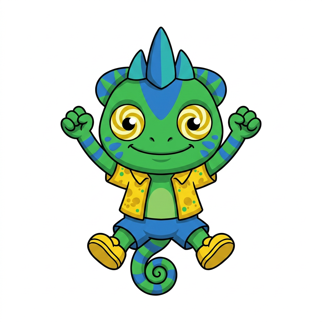 AI Design for FIX THE CHARACTHER DESIGN IN THE DRAWONG STYLE AND POSE THANK YOU SO MUCH SO SIMPLE COLOURS MINIMAL SHADING AND BOLD BLACK LINES FIX HIS EYES AND MAKE HIM HAVE STUBBY SHORT ARMS AND LEGS AND ONLY CHANGE THE EYES AND PROPORTIONS NO COLOURS SHOULD BE CHANGHED ALL INCLUDED