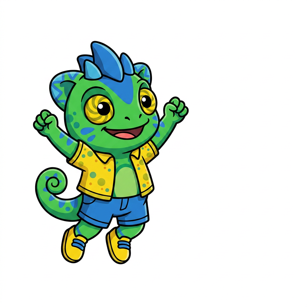 AI Design for use the provided reference image as the exact character design. Do not redesign or modify Tiny in any way. Keep all colors, proportions, markings, clothing, crest, horns, face, tail, and details exactly the same as the reference. Only change the pose. Tiny is shown in a dynamic mid-air jump on a pure white background. He is smiling happily and looking directly at the viewer. Both arms are raised upward in an excited, celebratory pose, with his legs bent naturally as if he has just jumped. Leave empty space on one side of the image for another character to stand beside him. Tiny should be positioned so that when another character is placed next to him, both characters appear to be jumping together with their raised arms forming a balanced composition. Use a clean, modern mascot illustration style with bold black outlines, flat vibrant colors, minimal shading, and smooth vector-style shapes. No text, no props, no shadows, no background elements, and no additional characters. The reference image is authoritative—only the pose should change. LISTEN BASIC COLOURS SIMPLE SHADING MINIMAL NOT MUCH AND BOLD BLACK LINES MAKE HIM SMALL CHUBBY AND LOOK TO HIS LEFT (MY RIGHT) THANK YOUUUU