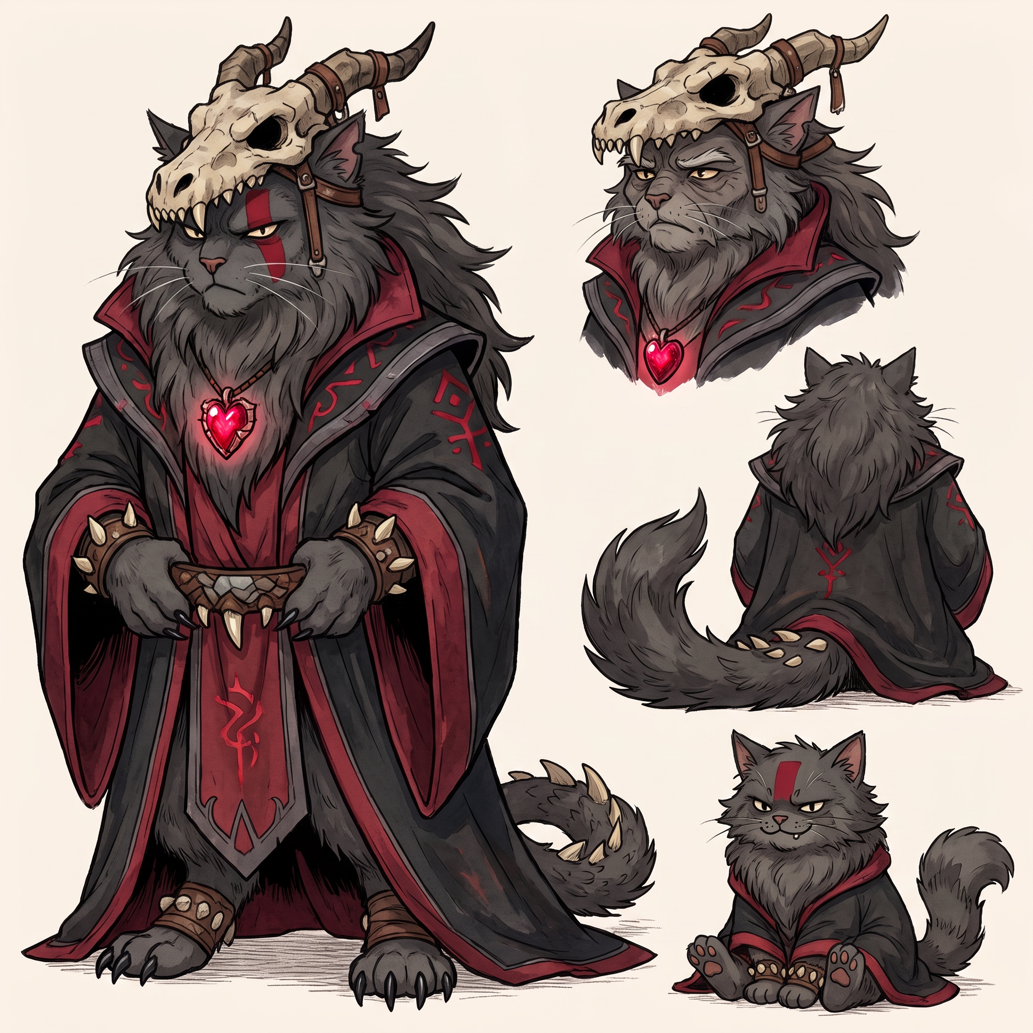 AI Design for Absolutely! Looking at Jasper's design, the art style has a very clear identity:
Thick, confident line art.
Soft watercolor-like coloring with minimal shading.
Round, expressive dot eyes.
Small nose and gentle smile.
Big, fluffy proportions.
Medieval clothing with simple, readable shapes.
Nothing is overly realistic or overly detailed.
Deathclaw should follow exactly the same artistic rules, just with a much darker silhouette.
☠️ Deathclaw Dragonbane
Character Design (Embermane Art Style)
Overall Shape
Unlike Jasper's round, welcoming silhouette, Deathclaw's silhouette is tall and triangular.
Imagine him standing almost completely hidden beneath a gigantic robe.
The robe should make him look almost like a mountain.
Only his face, paws and tail are really visible.
He should look intimidating...
...without becoming frightening enough to stop feeling like he belongs in a family fantasy.
Face
He's an elderly tomcat.
Fur:
Very dark charcoal gray.
Nearly black.
His muzzle is slightly lighter gray.
His beard is enormous.
Think of an old lion's mane mixed with a wizard's beard.
The mane is shaggy and angular instead of fluffy.
It spreads across his shoulders.
His eyebrows are thick and point downward.
His eyes are still the same little oval/dot eyes as Jasper...
...but much smaller beneath his eyebrows.
That makes him look constantly serious.
Facial Marking
Instead of natural tiger stripes...
Deathclaw paints himself.
A thick crimson rectangle runs across both cheeks and over the bridge of his nose.
It has sharp square edges.
It instantly separates him from every other cat.
Hat
Probably the most recognizable part.
A dragon skull
Very wide.
Very tall.
It droops slightly with age.
Wrapped around it are:
Dragon horns.
Leather straps.
Bones.
The front of the hat is shaped like the upper half of a dragon skull.
The lower jaw hangs around his neck as a necklace.
Robes
Massive.
Black.
Flowing almost to the ground.
Inside lining:
Deep crimson red.
Around the edges:
Dark gray trim.
Across the robe:
Painted red triangles.
Ancient symbols.
Little skull motifs embroidered into the fabric.
Not realistic skulls.
Stylized fantasy symbols.
Pendant
Around his neck hangs the most important object.
The Dragon Heart.
A glowing ruby-red crystal.
Held inside an old bronze pendant.
This should always be visible.
Even if the robe covers everything else.
Dragon Decorations
Instead of wearing jewelry...
He wears trophies.
Dragon teeth:
On the cuffs.
Around the collar.
Hanging from his belt.
Small dragon scales stitched into parts of the robe.
Nothing excessive.
Just enough that viewers immediately think:
"Everything about this guy revolves around dragons."
Hands
Unlike Jasper's little soft paws...
Deathclaw's paws have long black claws.
Still stylized.
Still cute enough for the art style.
But noticeably sharper.
Tail
Long.
Dark.
Heavy.
It pokes out from under the robe.
Near the tip are small leather bands with a few dragon teeth tied onto them.
Colors
Primary:
⚫ Black
Secondary:
🔴 Crimson Red
Accent:
⚪ Bone White
Small details:
🩶 Dark Gray
Pendant:
❤️ Bright glowing red
Personality Through Pose
Jasper stands openly.
Deathclaw almost never does.
He usually stands with:
Hands hidden inside his sleeves.
Head slightly lowered.
Looking down at others.
His robe moves before he does.
When he walks...
The robe glides.
Almost silently.
Expression
He almost never smiles.
When he finally does...
It's a tiny grin.
The kind that makes everyone realize:
He already knows something no one else does.
The Final Impression
If Jasper makes readers think:
"I want to go on an adventure with him."
Deathclaw should make them think:
"This is someone who has lived for centuries... and every piece of his clothing tells a story."
Most importantly, even though he's the villain, his proportions, line work, and facial style should match Jasper's exactly. That way, he feels like he belongs in the same world rather than looking like he wandered in from a darker fantasy series. japser is the cat in the prompt bar replicate the art style