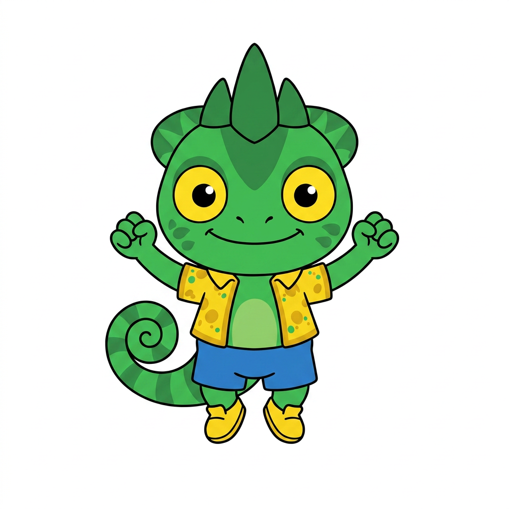 AI Design for FIX THE CHARACTHER DESIGN IN THE DRAWONG STYLE AND POSE THANK YOU SO MUCH SO SIMPLE COLOURS MINIMAL SHADING AND BOLD BLACK LINES FIX HIS EYES AND MAKE HIM HAVE STUBBY SHORT ARMS AND LEGS