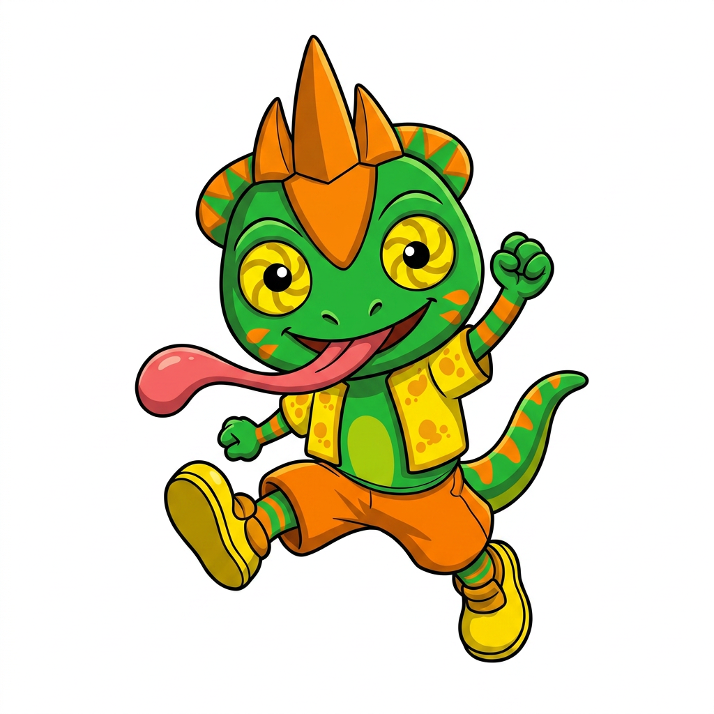 AI Design for make backgorund white make this smal chameleon character face the right while ujmping facing the viewer and has minimal shading simple vbirant colors bold black lines and do not mess up the design even a bitbut not to the side but looking or leanining to that part ever so slightrly so he can fit next to his brother but dont iclude him on the image or the background