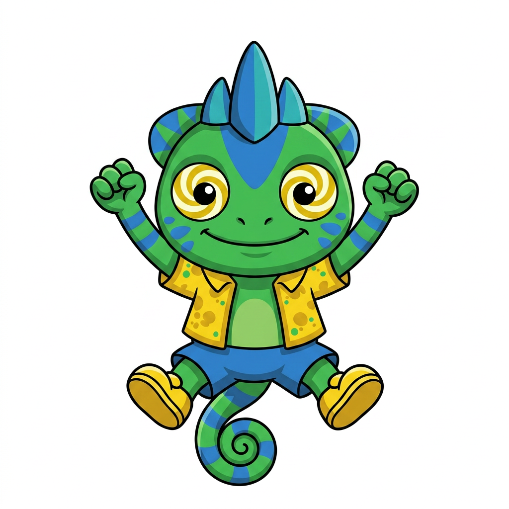AI Design for FIX THE CHARACTHER DESIGN IN THE DRAWONG STYLE AND POSE THANK YOU SO MUCH SO SIMPLE COLOURS MINIMAL SHADING AND BOLD BLACK LINES FIX HIS EYES AND MAKE HIM HAVE STUBBY SHORT ARMS AND LEGS AND ONLY CHANGE THE EYES AND PROPORTIONS NO COLOURS SHOULD BE CHANGHED ALL INCLUDED