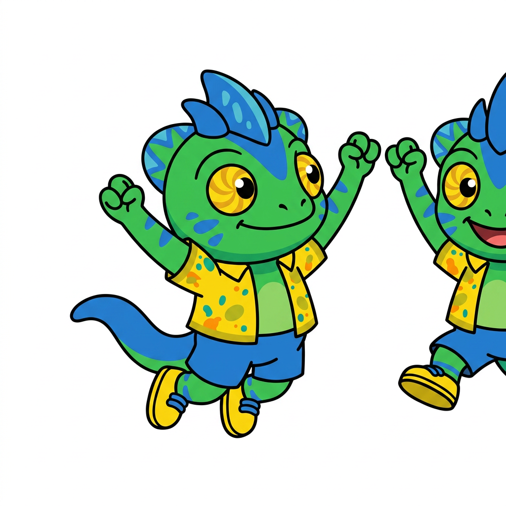 AI Design for use the provided reference image as the exact character design. Do not redesign or modify Tiny in any way. Keep all colors, proportions, markings, clothing, crest, horns, face, tail, and details exactly the same as the reference. Only change the pose. Tiny is shown in a dynamic mid-air jump on a pure white background. He is smiling happily and looking directly at the viewer. Both arms are raised upward in an excited, celebratory pose, with his legs bent naturally as if he has just jumped. Leave empty space on one side of the image for another character to stand beside him. Tiny should be positioned so that when another character is placed next to him, both characters appear to be jumping together with their raised arms forming a balanced composition. Use a clean, modern mascot illustration style with bold black outlines, flat vibrant colors, minimal shading, and smooth vector-style shapes. No text, no props, no shadows, no background elements, and no additional characters. The reference image is authoritative—only the pose should change. LISTEN BASIC COLOURS SIMPLE SHADING MINIMAL NOT MUCH AND BOLD BLACK LINES MAKE HIM SMALL CHUBBY AND LOOK TO HIS LEFT (MY RIGHT) THANK YOUUUU