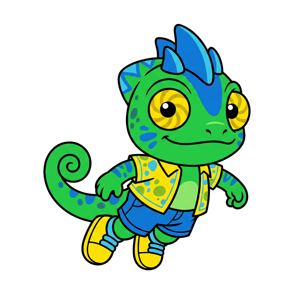 AI Design for make backgorund white make this smal chameleon character face the right while ujmping facing the viewer and has minimal shading simple vbirant colors bold black lines and do not mess up the design even a bit