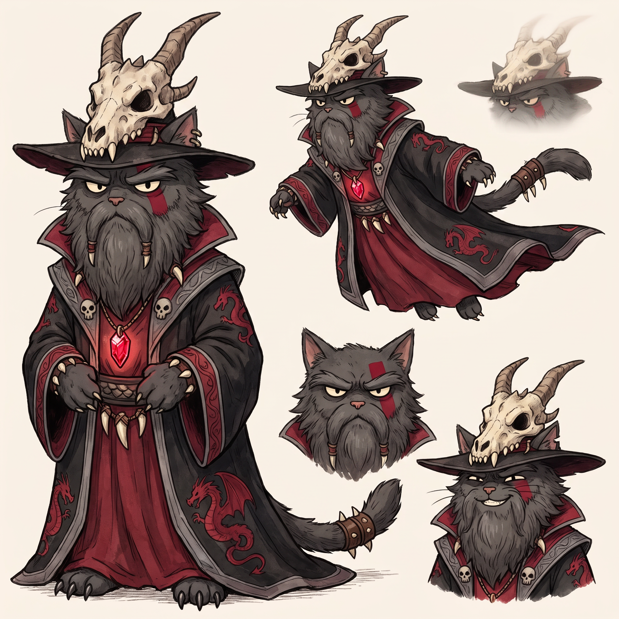 AI Design for Absolutely! Looking at Jasper's design, the art style has a very clear identity:
Thick, confident line art.
Soft watercolor-like coloring with minimal shading.
Round, expressive dot eyes.
Small nose and gentle smile.
Big, fluffy proportions.
Medieval clothing with simple, readable shapes.
Nothing is overly realistic or overly detailed.
Deathclaw should follow exactly the same artistic rules, just with a much darker silhouette.
☠️ Deathclaw Dragonbane
Character Design (Embermane Art Style)
Overall Shape
Unlike Jasper's round, welcoming silhouette, Deathclaw's silhouette is tall and triangular.
Imagine him standing almost completely hidden beneath a gigantic robe.
The robe should make him look almost like a mountain.
Only his face, paws and tail are really visible.
He should look intimidating...
...without becoming frightening enough to stop feeling like he belongs in a family fantasy.
Face
He's an elderly tomcat.
Fur:
Very dark charcoal gray.
Nearly black.
His muzzle is slightly lighter gray.
His beard is enormous.
Think of an old lion's mane mixed with a wizard's beard.
The mane is shaggy and angular instead of fluffy.
It spreads across his shoulders.
His eyebrows are thick and point downward.
His eyes are still the same little oval/dot eyes as Jasper...
...but much smaller beneath his eyebrows.
That makes him look constantly serious.
Facial Marking
Instead of natural tiger stripes...
Deathclaw paints himself.
A thick crimson rectangle runs across both cheeks and over the bridge of his nose.
It has sharp square edges.
It instantly separates him from every other cat.
Hat
Probably the most recognizable part.
A dragon skull
Very wide.
Very tall.
It droops slightly with age.
Wrapped around it are:
Dragon horns.
Leather straps.
Bones.
The front of the hat is shaped like the upper half of a dragon skull.
The lower jaw hangs around his neck as a necklace.
Robes
Massive.
Black.
Flowing almost to the ground.
Inside lining:
Deep crimson red.
Around the edges:
Dark gray trim.
Across the robe:
Painted red triangles.
Ancient symbols.
Little skull motifs embroidered into the fabric.
Not realistic skulls.
Stylized fantasy symbols.
Pendant
Around his neck hangs the most important object.
The Dragon Heart.
A glowing ruby-red crystal.
Held inside an old bronze pendant.
This should always be visible.
Even if the robe covers everything else.
Dragon Decorations
Instead of wearing jewelry...
He wears trophies.
Dragon teeth:
On the cuffs.
Around the collar.
Hanging from his belt.
Small dragon scales stitched into parts of the robe.
Nothing excessive.
Just enough that viewers immediately think:
"Everything about this guy revolves around dragons."
Hands
Unlike Jasper's little soft paws...
Deathclaw's paws have long black claws.
Still stylized.
Still cute enough for the art style.
But noticeably sharper.
Tail
Long.
Dark.
Heavy.
It pokes out from under the robe.
Near the tip are small leather bands with a few dragon teeth tied onto them.
Colors
Primary:
⚫ Black
Secondary:
🔴 Crimson Red
Accent:
⚪ Bone White
Small details:
🩶 Dark Gray
Pendant:
❤️ Bright glowing red
Personality Through Pose
Jasper stands openly.
Deathclaw almost never does.
He usually stands with:
Hands hidden inside his sleeves.
Head slightly lowered.
Looking down at others.
His robe moves before he does.
When he walks...
The robe glides.
Almost silently.
Expression
He almost never smiles.
When he finally does...
It's a tiny grin.
The kind that makes everyone realize:
He already knows something no one else does.
The Final Impression
If Jasper makes readers think:
"I want to go on an adventure with him."
Deathclaw should make them think:
"This is someone who has lived for centuries... and every piece of his clothing tells a story."
Most importantly, even though he's the villain, his proportions, line work, and facial style should match Jasper's exactly. That way, he feels like he belongs in the same world rather than looking like he wandered in from a darker fantasy series. japser is the cat in the prompt bar replicate the art style