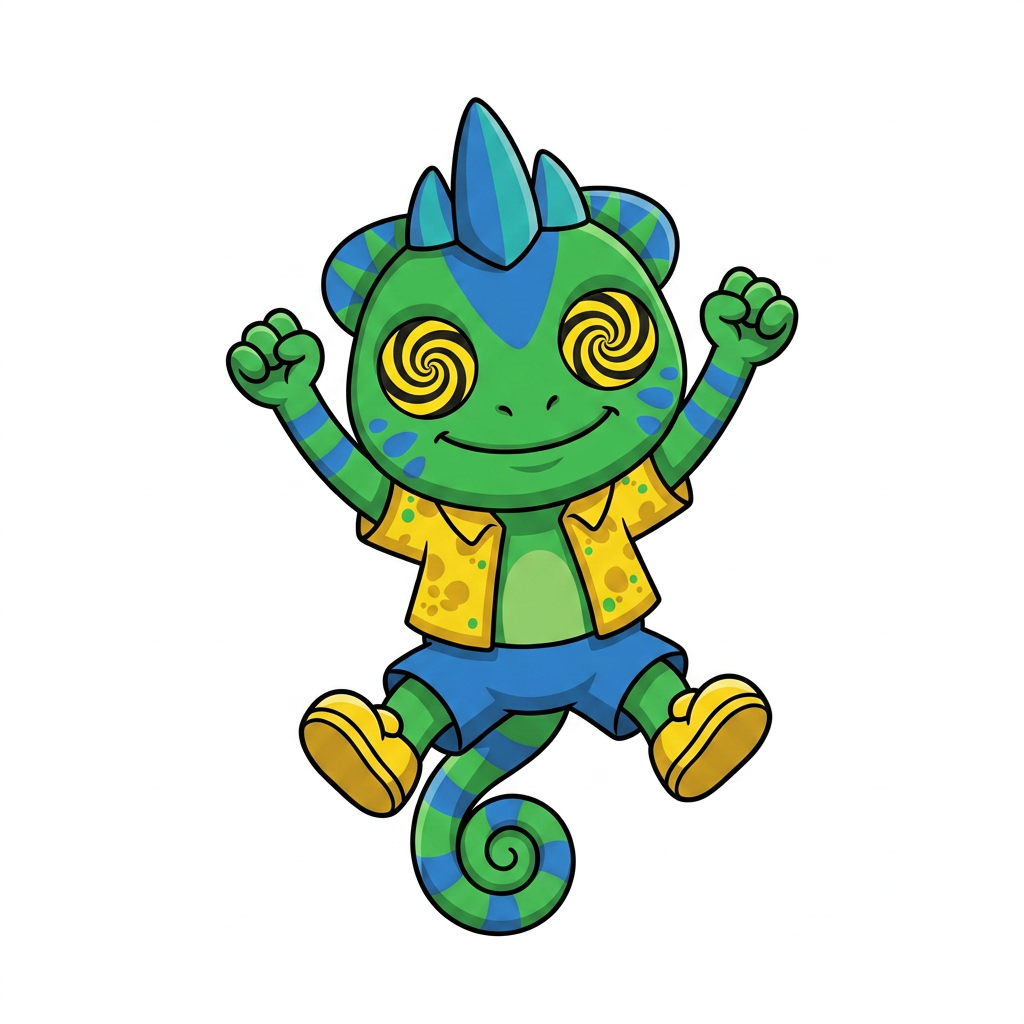 AI Design for FIX THE CHARACTHER DESIGN IN THE DRAWONG STYLE AND POSE THANK YOU SO MUCH SO SIMPLE COLOURS MINIMAL SHADING AND BOLD BLACK LINES FIX HIS EYES AND MAKE HIM HAVE STUBBY SHORT ARMS AND LEGS