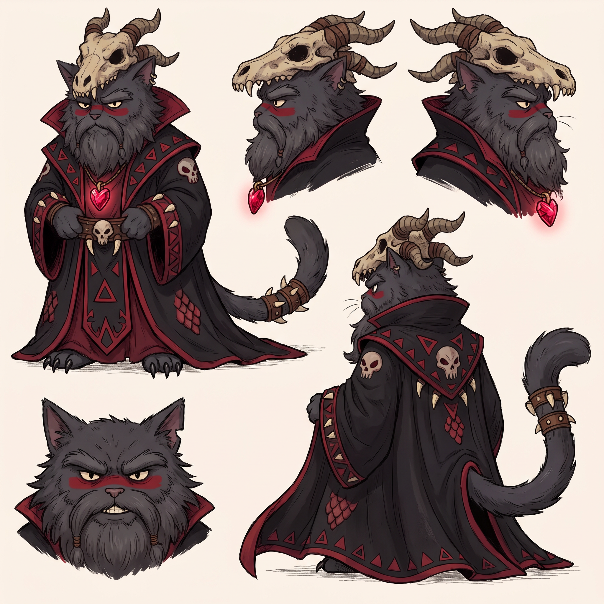 AI Design for Absolutely! Looking at Jasper's design, the art style has a very clear identity:
Thick, confident line art.
Soft watercolor-like coloring with minimal shading.
Round, expressive dot eyes.
Small nose and gentle smile.
Big, fluffy proportions.
Medieval clothing with simple, readable shapes.
Nothing is overly realistic or overly detailed.
Deathclaw should follow exactly the same artistic rules, just with a much darker silhouette.
☠️ Deathclaw Dragonbane
Character Design (Embermane Art Style)
Overall Shape
Unlike Jasper's round, welcoming silhouette, Deathclaw's silhouette is tall and triangular.
Imagine him standing almost completely hidden beneath a gigantic robe.
The robe should make him look almost like a mountain.
Only his face, paws and tail are really visible.
He should look intimidating...
...without becoming frightening enough to stop feeling like he belongs in a family fantasy.
Face
He's an elderly tomcat.
Fur:
Very dark charcoal gray.
Nearly black.
His muzzle is slightly lighter gray.
His beard is enormous.
Think of an old lion's mane mixed with a wizard's beard.
The mane is shaggy and angular instead of fluffy.
It spreads across his shoulders.
His eyebrows are thick and point downward.
His eyes are still the same little oval/dot eyes as Jasper...
...but much smaller beneath his eyebrows.
That makes him look constantly serious.
Facial Marking
Instead of natural tiger stripes...
Deathclaw paints himself.
A thick crimson rectangle runs across both cheeks and over the bridge of his nose.
It has sharp square edges.
It instantly separates him from every other cat.
Hat
Probably the most recognizable part.
A dragon skull
Very wide.
Very tall.
It droops slightly with age.
Wrapped around it are:
Dragon horns.
Leather straps.
Bones.
The front of the hat is shaped like the upper half of a dragon skull.
The lower jaw hangs around his neck as a necklace.
Robes
Massive.
Black.
Flowing almost to the ground.
Inside lining:
Deep crimson red.
Around the edges:
Dark gray trim.
Across the robe:
Painted red triangles.
Ancient symbols.
Little skull motifs embroidered into the fabric.
Not realistic skulls.
Stylized fantasy symbols.
Pendant
Around his neck hangs the most important object.
The Dragon Heart.
A glowing ruby-red crystal.
Held inside an old bronze pendant.
This should always be visible.
Even if the robe covers everything else.
Dragon Decorations
Instead of wearing jewelry...
He wears trophies.
Dragon teeth:
On the cuffs.
Around the collar.
Hanging from his belt.
Small dragon scales stitched into parts of the robe.
Nothing excessive.
Just enough that viewers immediately think:
"Everything about this guy revolves around dragons."
Hands
Unlike Jasper's little soft paws...
Deathclaw's paws have long black claws.
Still stylized.
Still cute enough for the art style.
But noticeably sharper.
Tail
Long.
Dark.
Heavy.
It pokes out from under the robe.
Near the tip are small leather bands with a few dragon teeth tied onto them.
Colors
Primary:
⚫ Black
Secondary:
🔴 Crimson Red
Accent:
⚪ Bone White
Small details:
🩶 Dark Gray
Pendant:
❤️ Bright glowing red
Personality Through Pose
Jasper stands openly.
Deathclaw almost never does.
He usually stands with:
Hands hidden inside his sleeves.
Head slightly lowered.
Looking down at others.
His robe moves before he does.
When he walks...
The robe glides.
Almost silently.
Expression
He almost never smiles.
When he finally does...
It's a tiny grin.
The kind that makes everyone realize:
He already knows something no one else does.
The Final Impression
If Jasper makes readers think:
"I want to go on an adventure with him."
Deathclaw should make them think:
"This is someone who has lived for centuries... and every piece of his clothing tells a story."
Most importantly, even though he's the villain, his proportions, line work, and facial style should match Jasper's exactly. That way, he feels like he belongs in the same world rather than looking like he wandered in from a darker fantasy series. japser is the cat in the prompt bar replicate the art style