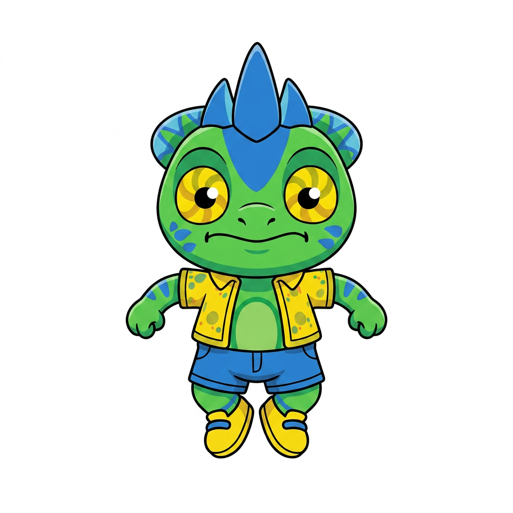 AI Design for make backgorund white make this smal chameleon character face the right while ujmping facing the viewer and has minimal shading simple vbirant colors bold black lines and do not mess up the design even a bit