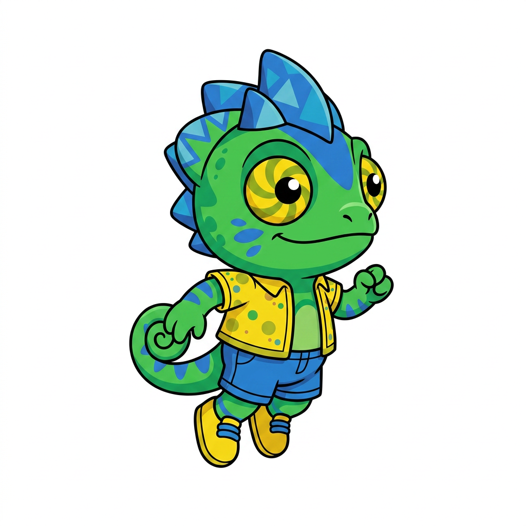 AI Design for make backgorund white make this smal chameleon character face the right while ujmping facing the viewer and has minimal shading simple vbirant colors bold black lines and do not mess up the design even a bit