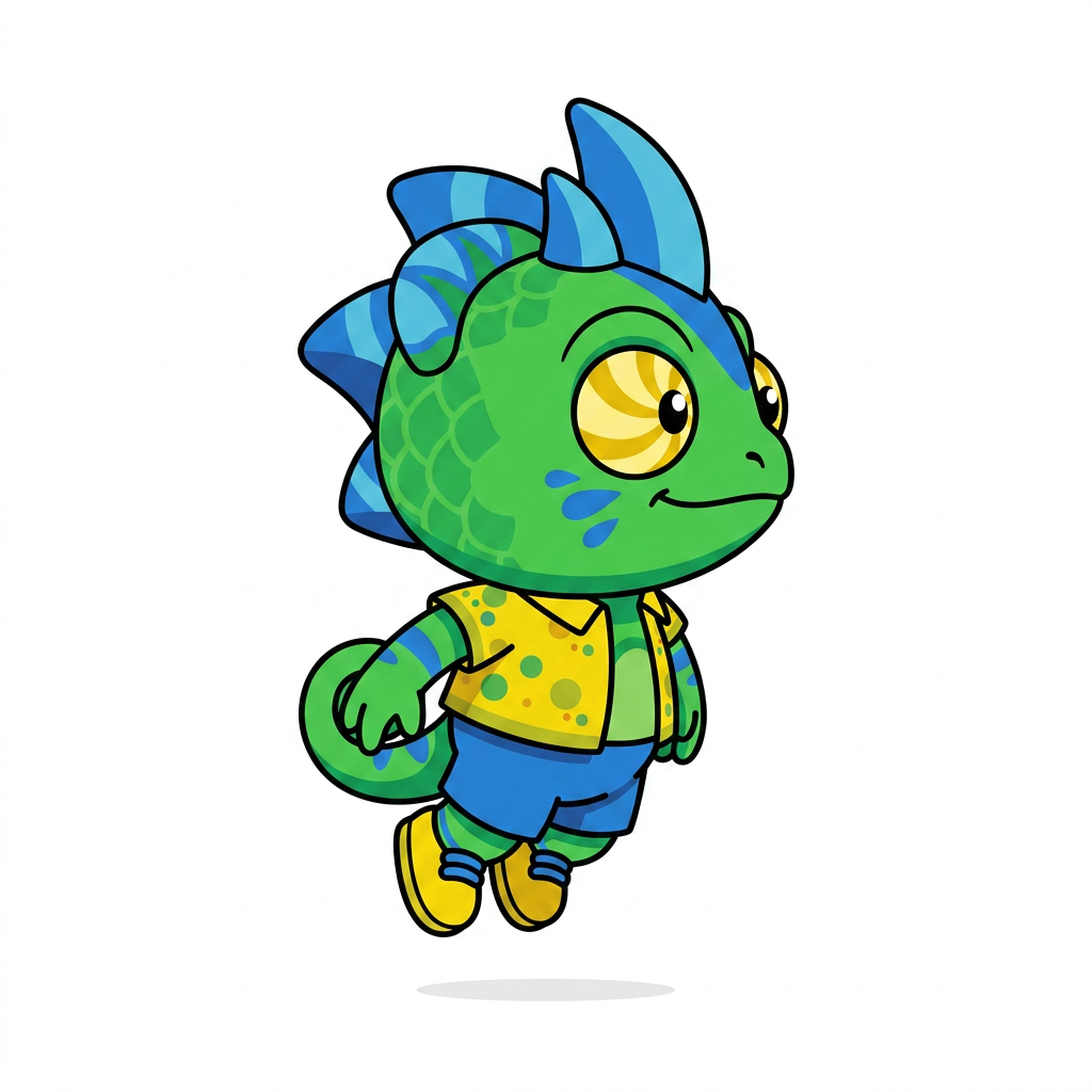 AI Design for make backgorund white make this smal chameleon character face the right while ujmping facing the viewer and has minimal shading simple vbirant colors bold black lines and do not mess up the design even a bit