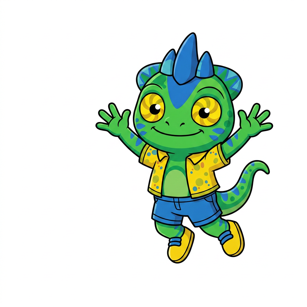 AI Design for use the provided reference image as the exact character design. Do not redesign or modify Tiny in any way. Keep all colors, proportions, markings, clothing, crest, horns, face, tail, and details exactly the same as the reference. Only change the pose. Tiny is shown in a dynamic mid-air jump on a pure white background. He is smiling happily and looking directly at the viewer. Both arms are raised upward in an excited, celebratory pose, with his legs bent naturally as if he has just jumped. Leave empty space on one side of the image for another character to stand beside him. Tiny should be positioned so that when another character is placed next to him, both characters appear to be jumping together with their raised arms forming a balanced composition. Use a clean, modern mascot illustration style with bold black outlines, flat vibrant colors, minimal shading, and smooth vector-style shapes. No text, no props, no shadows, no background elements, and no additional characters. The reference image is authoritative—only the pose should change.