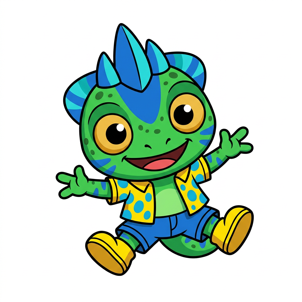 AI Design for make backgorund white make this smal chameleon character face the right while ujmping facing the viewer and has minimal shading simple vbirant colors bold black lines and do not mess up the design even a bit