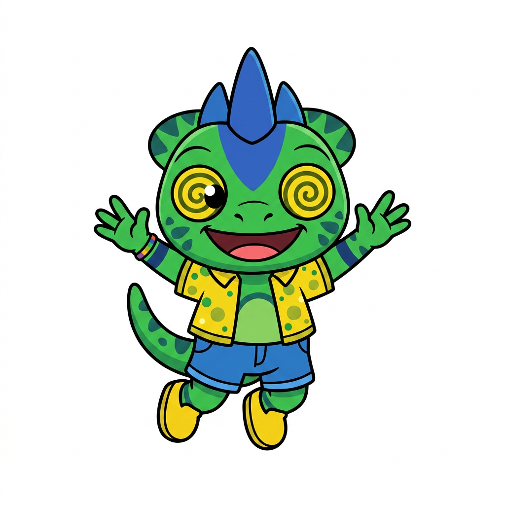 AI Design for use the provided reference image as the exact character design. Do not redesign or modify Tiny in any way. Keep all colors, proportions, markings, clothing, crest, horns, face, tail, and details exactly the same as the reference. Only change the pose. Tiny is shown in a dynamic mid-air jump on a pure white background. He is smiling happily and looking directly at the viewer. Both arms are raised upward in an excited, celebratory pose, with his legs bent naturally as if he has just jumped. Leave empty space on one side of the image for another character to stand beside him. Tiny should be positioned so that when another character is placed next to him, both characters appear to be jumping together with their raised arms forming a balanced composition. Use a clean, modern mascot illustration style with bold black outlines, flat vibrant colors, minimal shading, and smooth vector-style shapes. No text, no props, no shadows, no background elements, and no additional characters. The reference image is authoritative—only the pose should change. LISTEN BASIC COLOURS SIMPLE SHADING MINIMAL NOT MUCH AND BOLD BLACK LINES MAKE HIM SMALL CHUBBY AND LOOK TO HIS LEFT (MY RIGHT) THANK YOUUUU