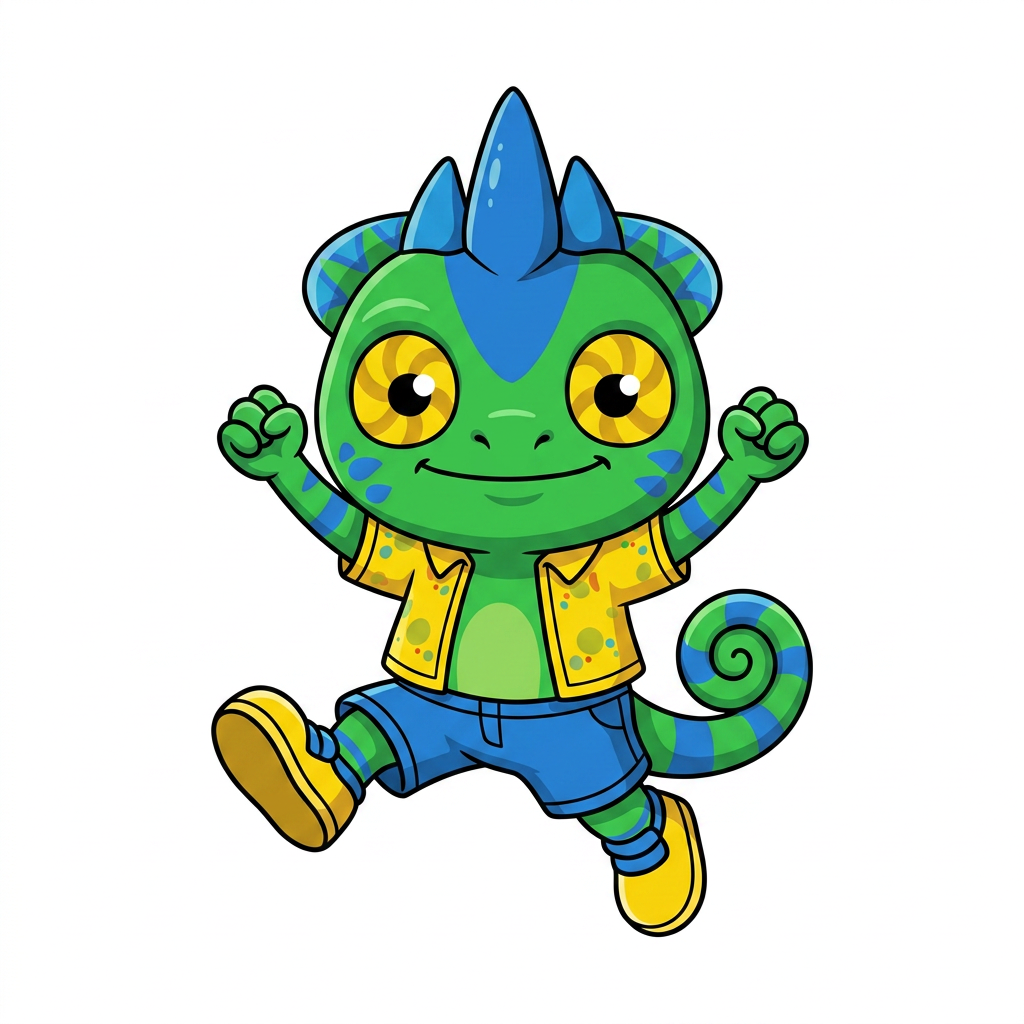 AI Design for use the provided reference image as the exact character design. Do not redesign or modify Tiny in any way. Keep all colors, proportions, markings, clothing, crest, horns, face, tail, and details exactly the same as the reference. Only change the pose. Tiny is shown in a dynamic mid-air jump on a pure white background. He is smiling happily and looking directly at the viewer. Both arms are raised upward in an excited, celebratory pose, with his legs bent naturally as if he has just jumped. Leave empty space on one side of the image for another character to stand beside him. Tiny should be positioned so that when another character is placed next to him, both characters appear to be jumping together with their raised arms forming a balanced composition. Use a clean, modern mascot illustration style with bold black outlines, flat vibrant colors, minimal shading, and smooth vector-style shapes. No text, no props, no shadows, no background elements, and no additional characters. The reference image is authoritative—only the pose should change. LISTEN BASIC COLOURS SIMPLE SHADING MINIMAL NOT MUCH AND BOLD BLACK LINES MAKE HIM SMALL CHUBBY AND LOOK TO HIS LEFT (MY RIGHT) THANK YOUUUU DO NOT INCLUDE ORANGE LIZARD JUST USE HIM AS ART STYLE INSPIRATION AND MAKE HIM LOOK A LITTLE BIT LIKE HIM
