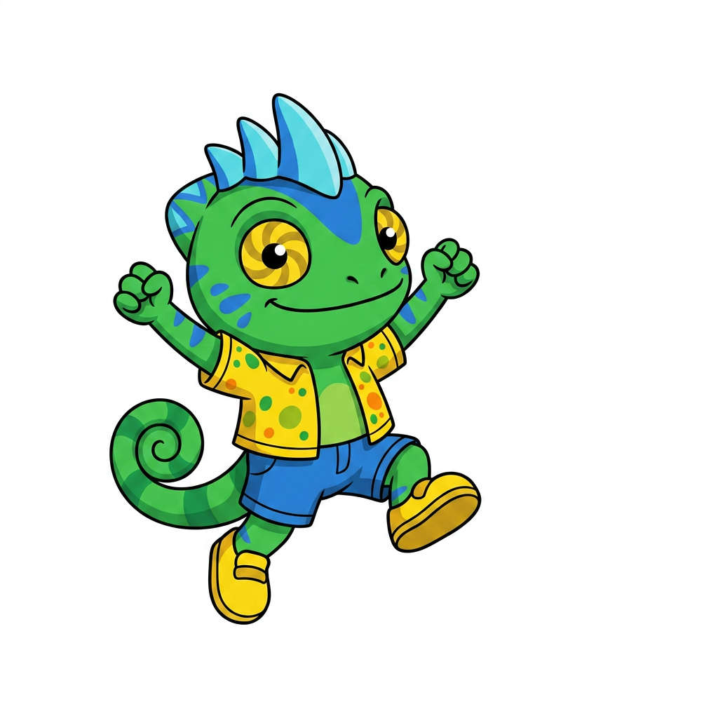 AI Design for use the provided reference image as the exact character design. Do not redesign or modify Tiny in any way. Keep all colors, proportions, markings, clothing, crest, horns, face, tail, and details exactly the same as the reference. Only change the pose. Tiny is shown in a dynamic mid-air jump on a pure white background. He is smiling happily and looking directly at the viewer. Both arms are raised upward in an excited, celebratory pose, with his legs bent naturally as if he has just jumped. Leave empty space on one side of the image for another character to stand beside him. Tiny should be positioned so that when another character is placed next to him, both characters appear to be jumping together with their raised arms forming a balanced composition. Use a clean, modern mascot illustration style with bold black outlines, flat vibrant colors, minimal shading, and smooth vector-style shapes. No text, no props, no shadows, no background elements, and no additional characters. The reference image is authoritative—only the pose should change. LISTEN BASIC COLOURS SIMPLE SHADING MINIMAL NOT MUCH AND BOLD BLACK LINES MAKE HIM SMALL CHUBBY AND LOOK TO HIS LEFT (MY RIGHT) THANK YOUUUU DO NOT INCLUDE ORANGE LIZARD JUST USE HIM AS ART STYLE INSPIRATION AND MAKE HIM LOOK A LITTLE BIT LIKE HIM