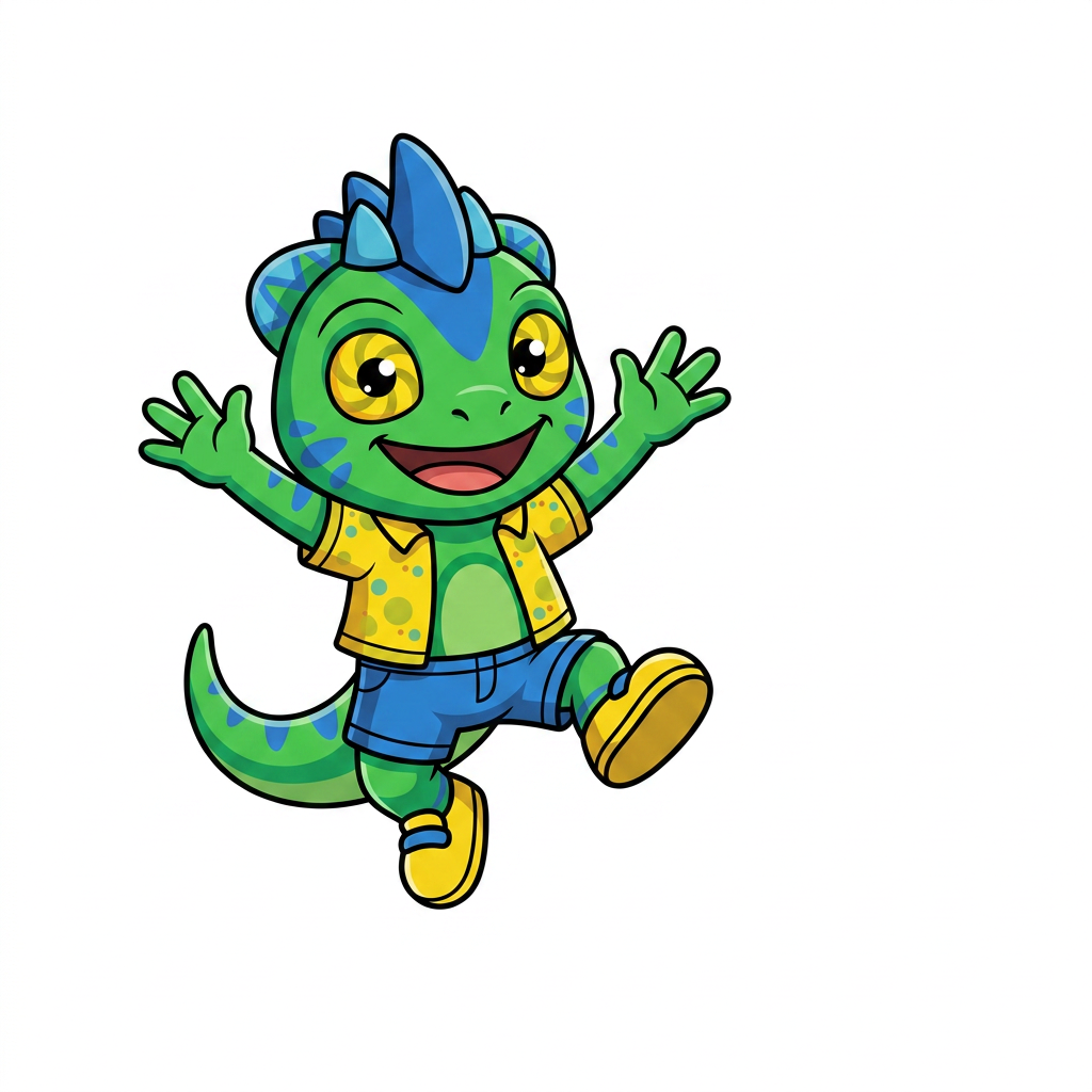 AI Design for use the provided reference image as the exact character design. Do not redesign or modify Tiny in any way. Keep all colors, proportions, markings, clothing, crest, horns, face, tail, and details exactly the same as the reference. Only change the pose. Tiny is shown in a dynamic mid-air jump on a pure white background. He is smiling happily and looking directly at the viewer. Both arms are raised upward in an excited, celebratory pose, with his legs bent naturally as if he has just jumped. Leave empty space on one side of the image for another character to stand beside him. Tiny should be positioned so that when another character is placed next to him, both characters appear to be jumping together with their raised arms forming a balanced composition. Use a clean, modern mascot illustration style with bold black outlines, flat vibrant colors, minimal shading, and smooth vector-style shapes. No text, no props, no shadows, no background elements, and no additional characters. The reference image is authoritative—only the pose should change.