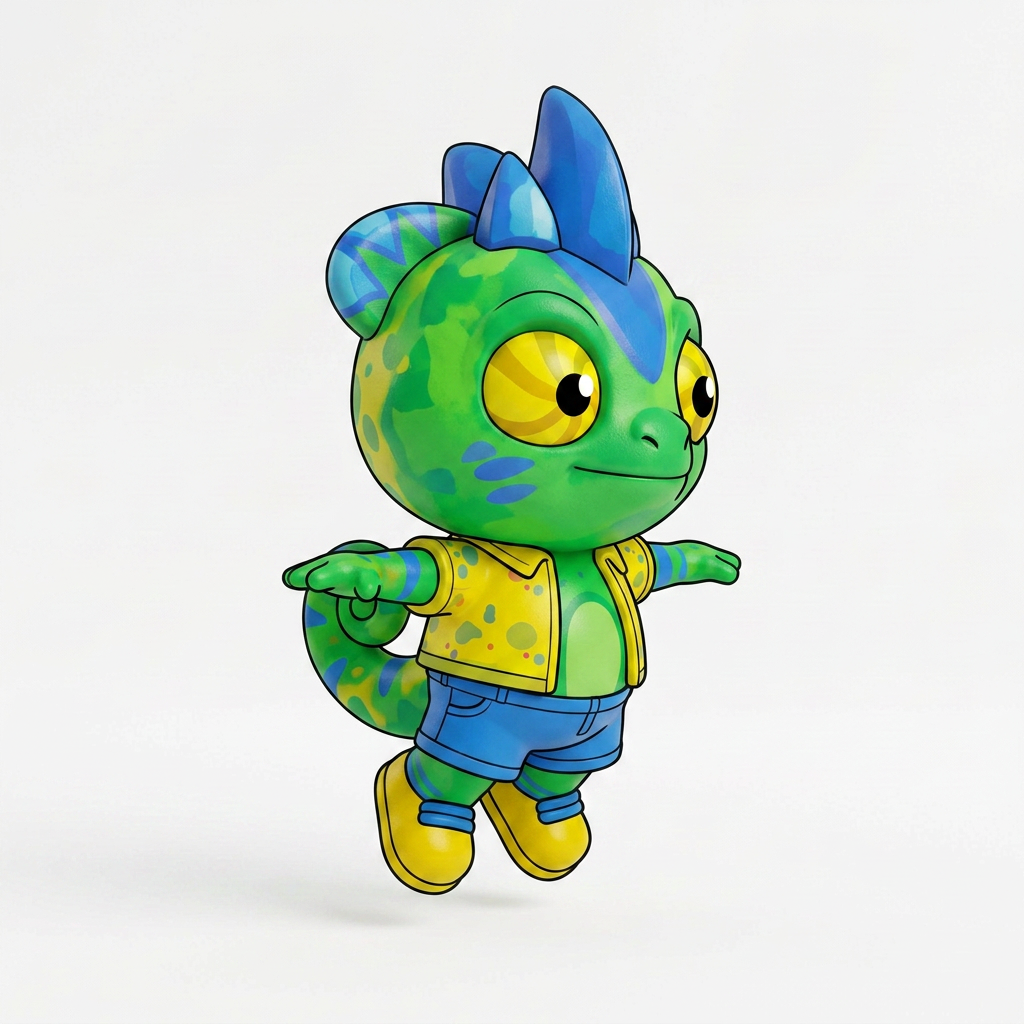AI Design for make backgorund white make this smal chameleon character face the right while ujmping facing the viewer and has minimal shading simple vbirant colors bold black lines and do not mess up the design even a bit